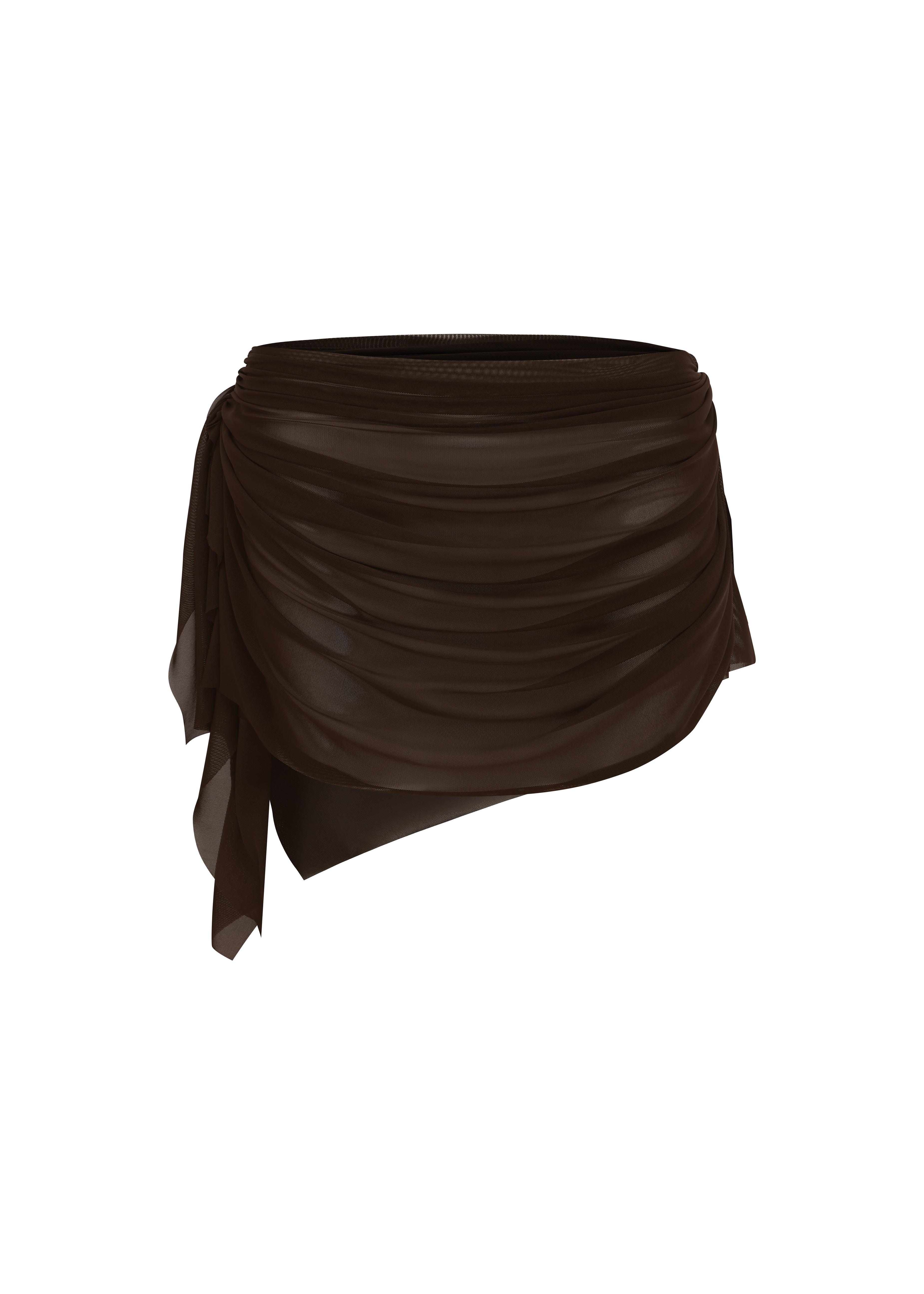 Brown ruched sheer mini skirt on a white background.