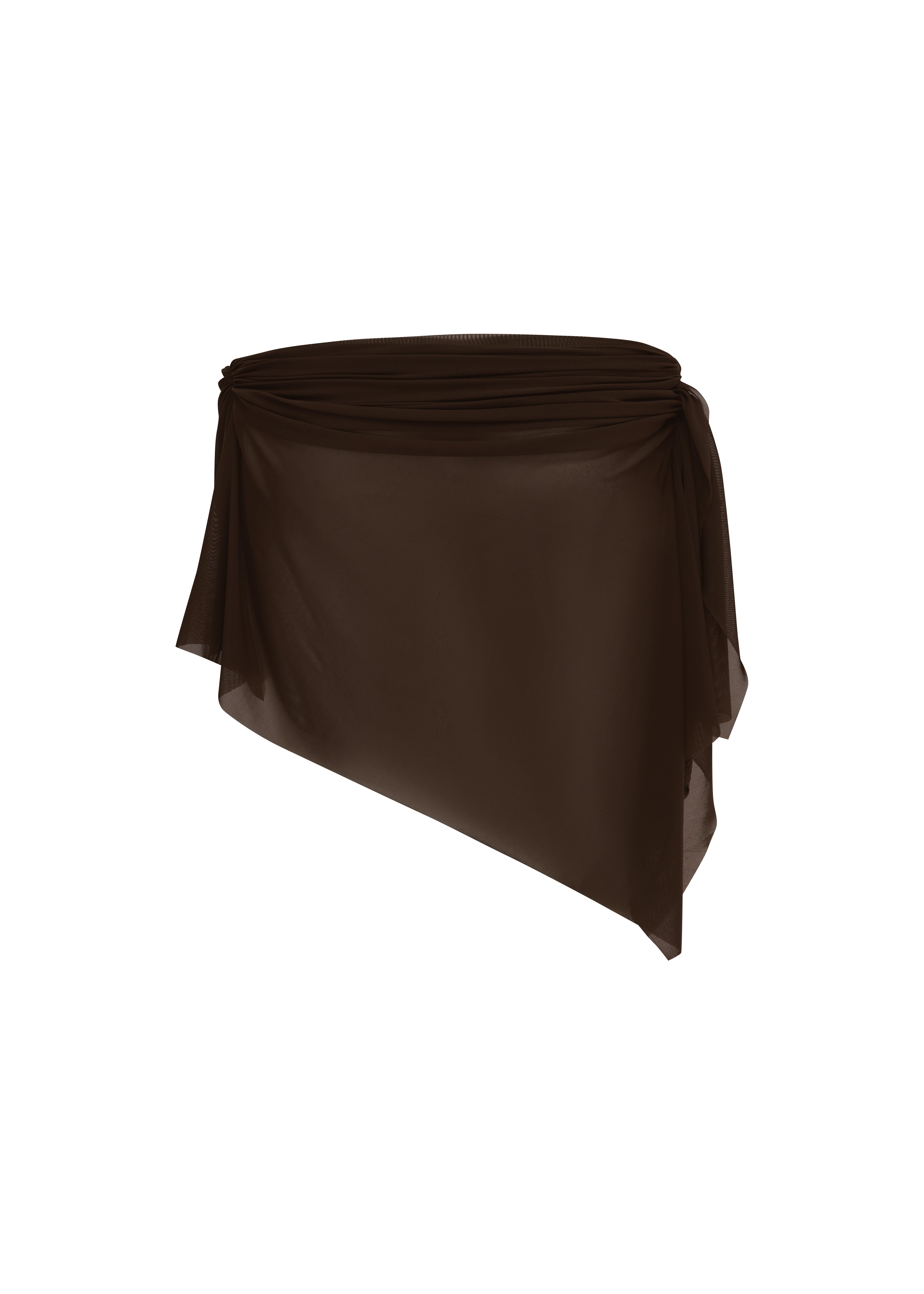 Back of a brown ruched sheer mini skirt on a white background.