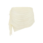 Ivory ruched sheer mini skirt on a white background.