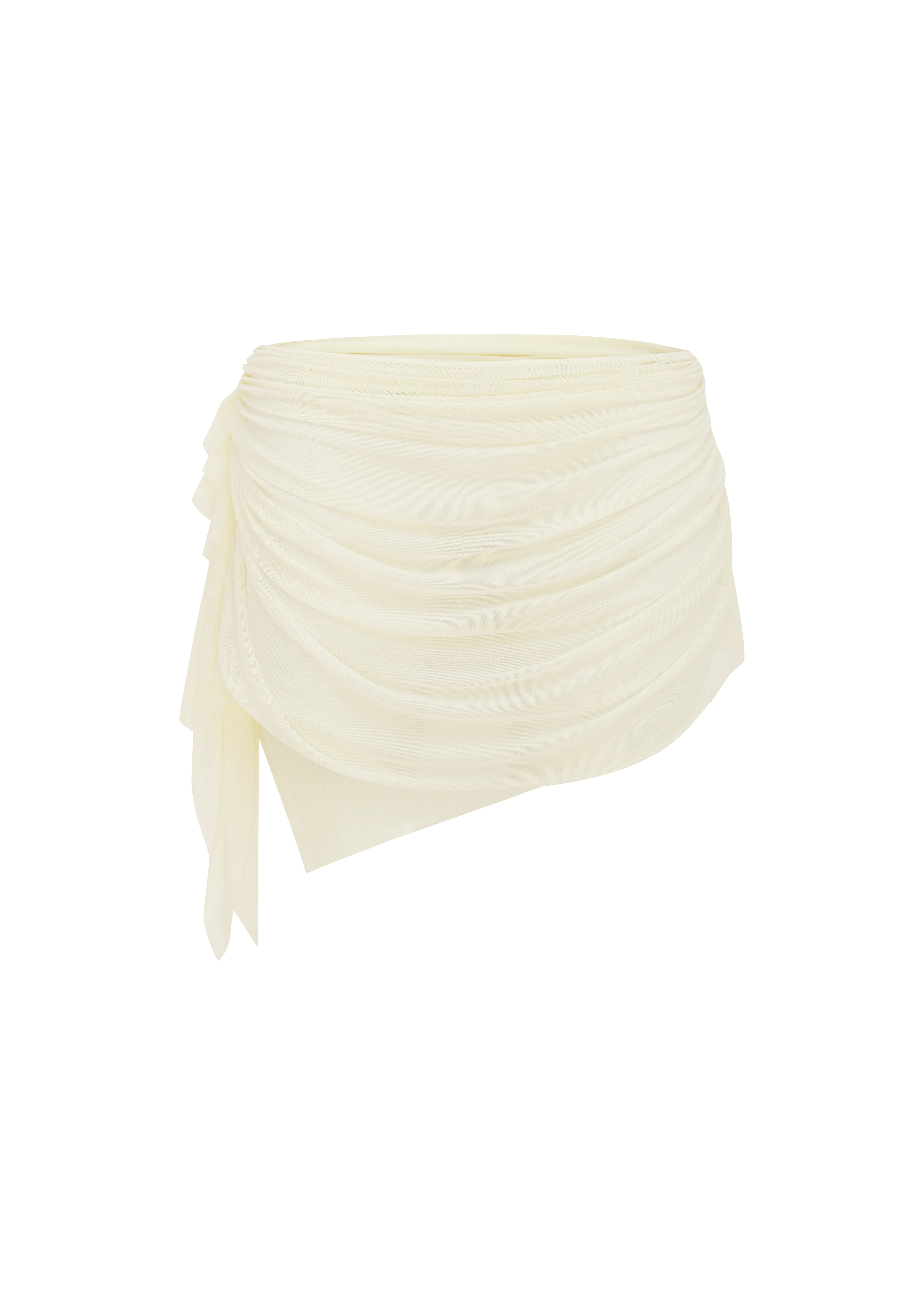 Ivory ruched sheer mini skirt on a white background.
