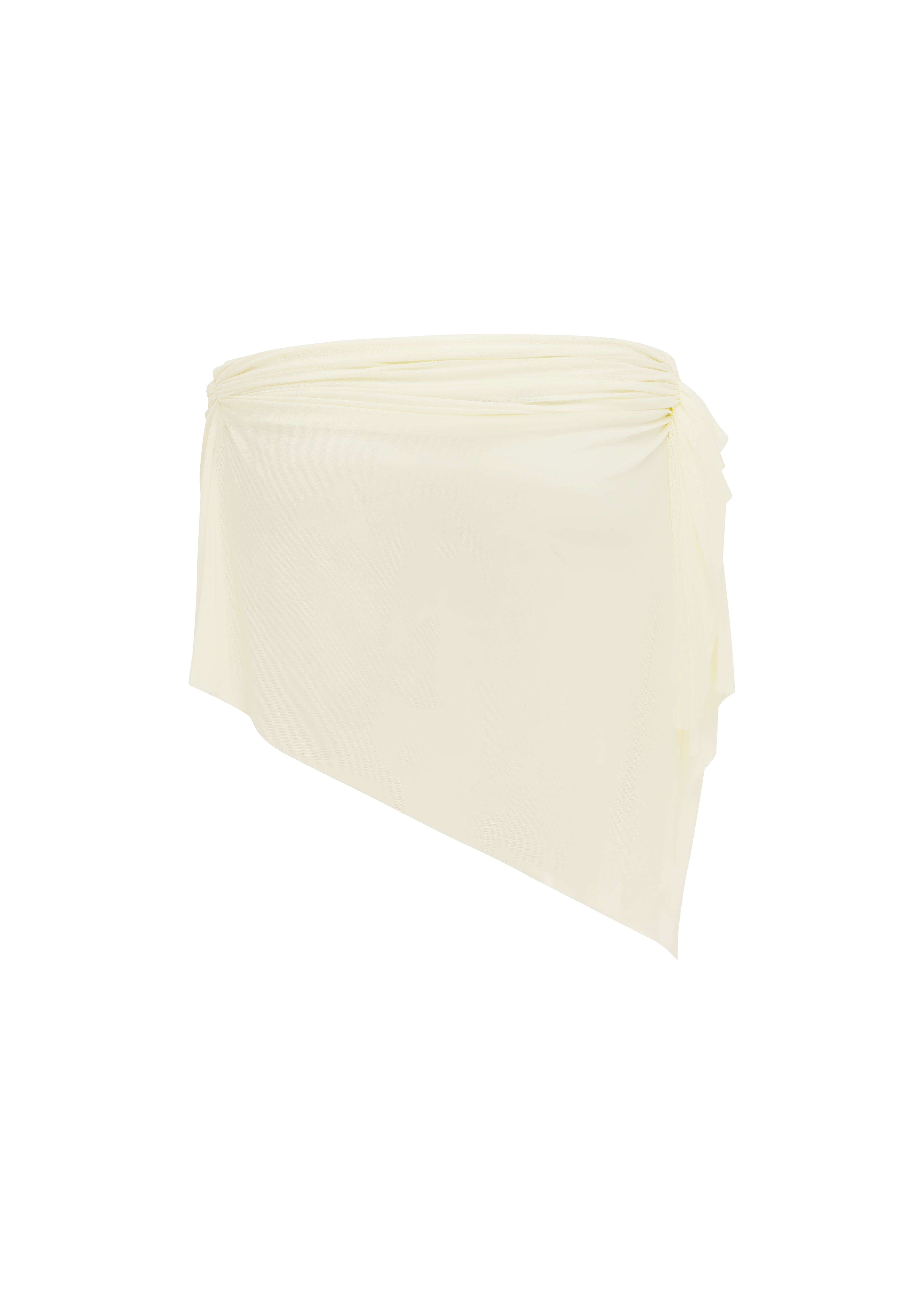 Backs shot of an Ivory ruched sheer mini skirt on a white background.