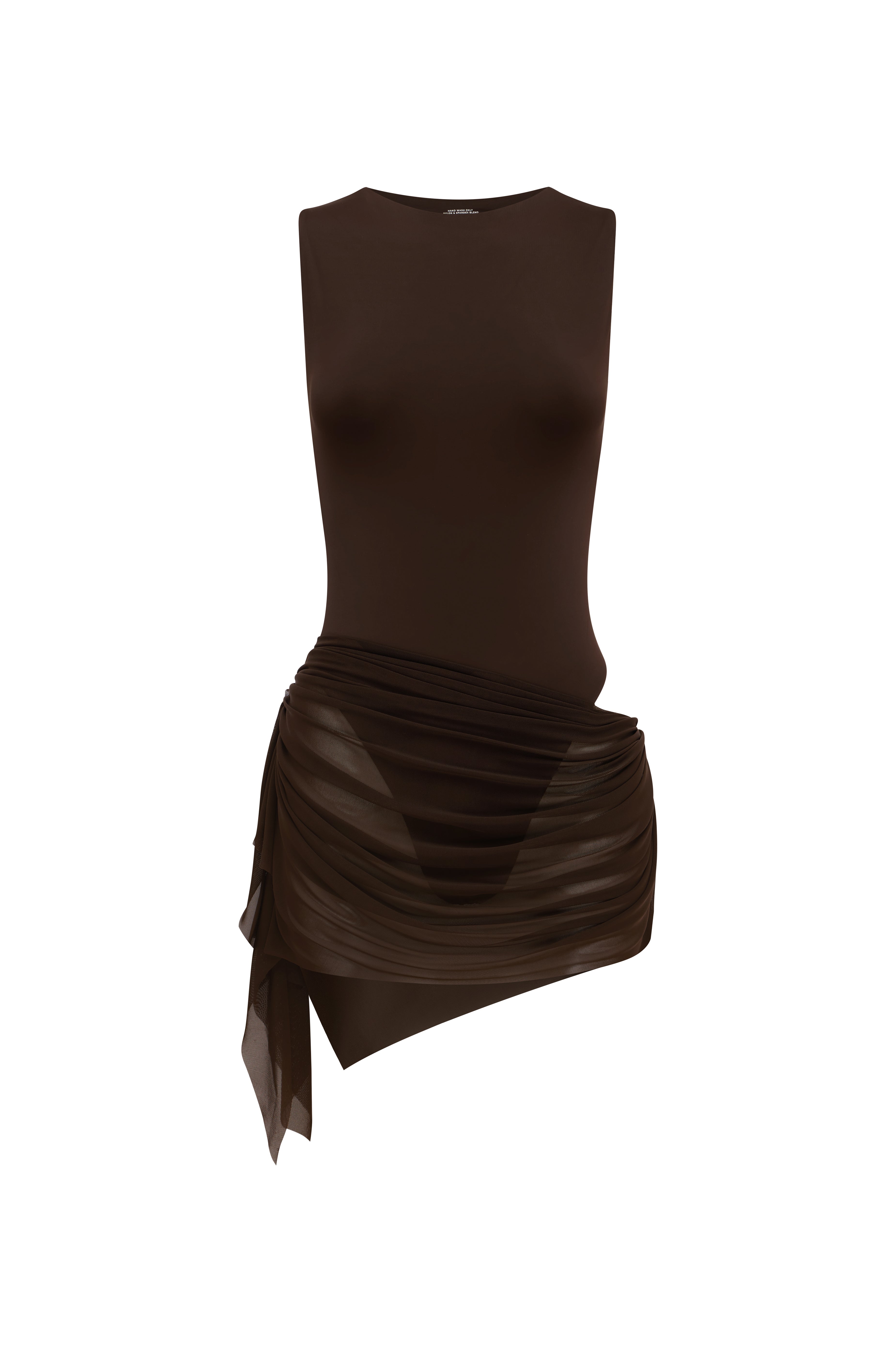 Brown one piece swimsuit styled with a draped ruched sheer mini skirt on a white background.