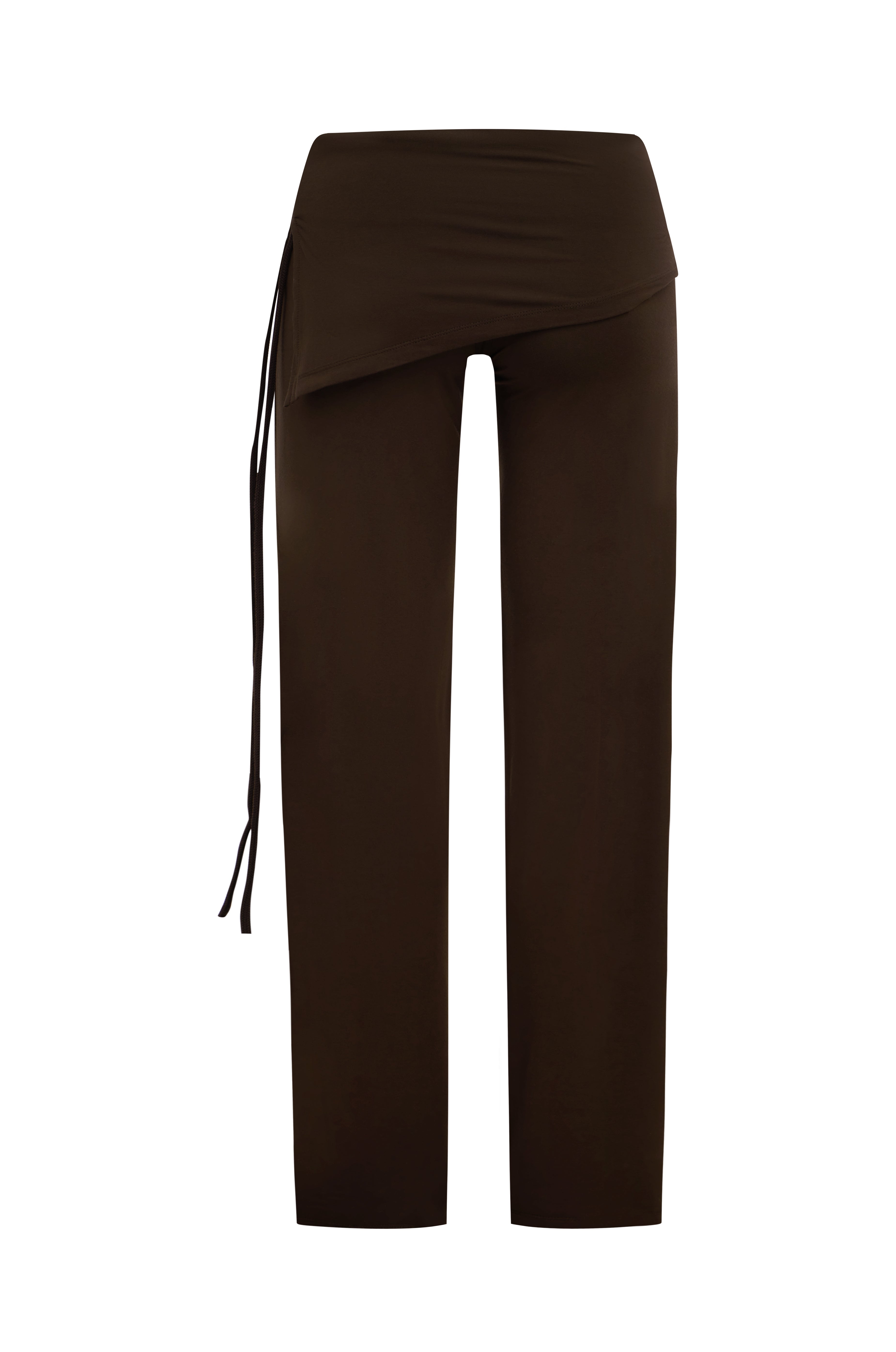 A pair of dark brown pants with an asymmetrical wrap-style waist and a side drawstring, shown against a plain white background.