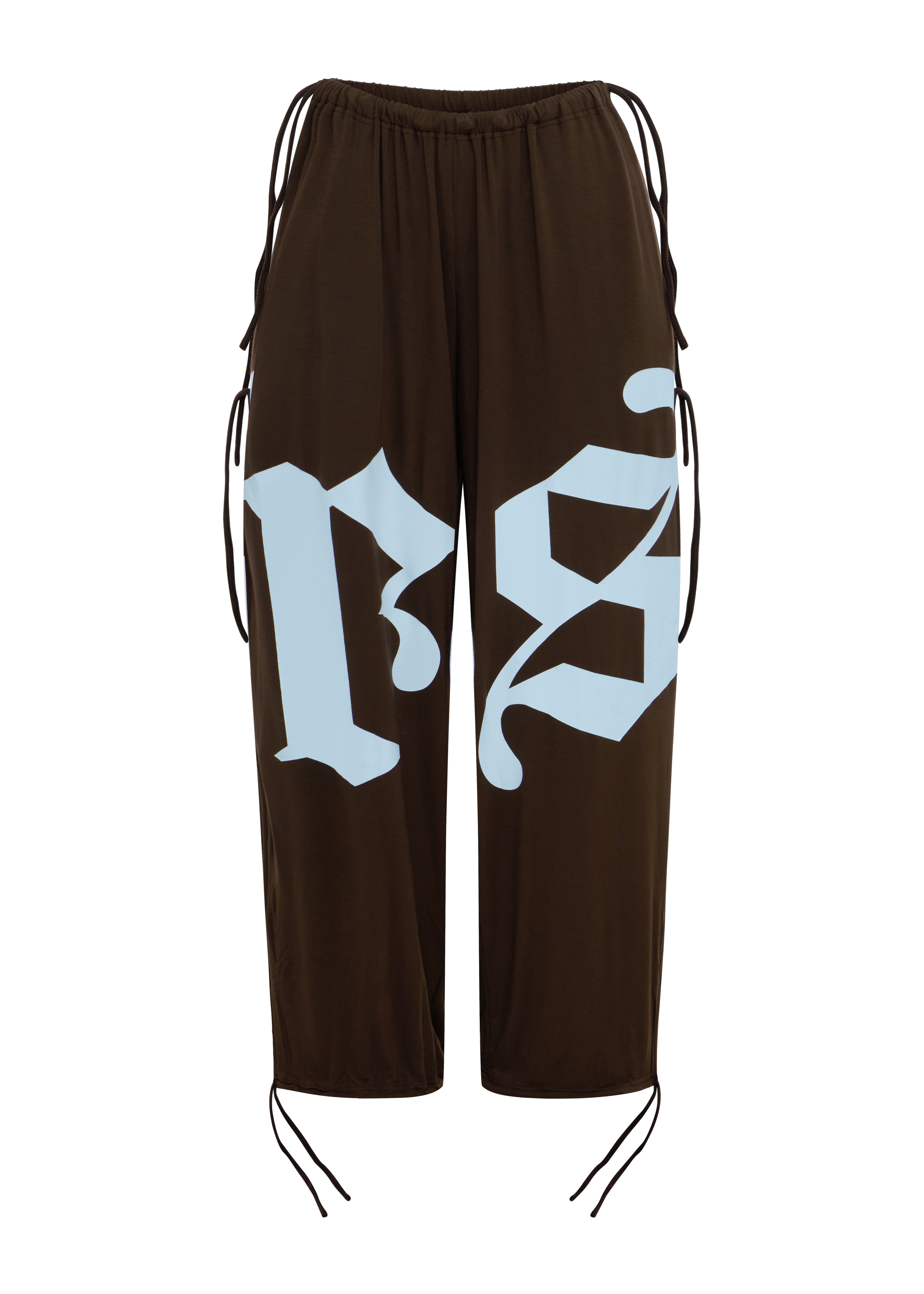 Dark brown balloon pants featuring a large light blue gothic-style 'rs' graphic on the front, with brown drawstrings at the sides and hems, shown against a plain white background.