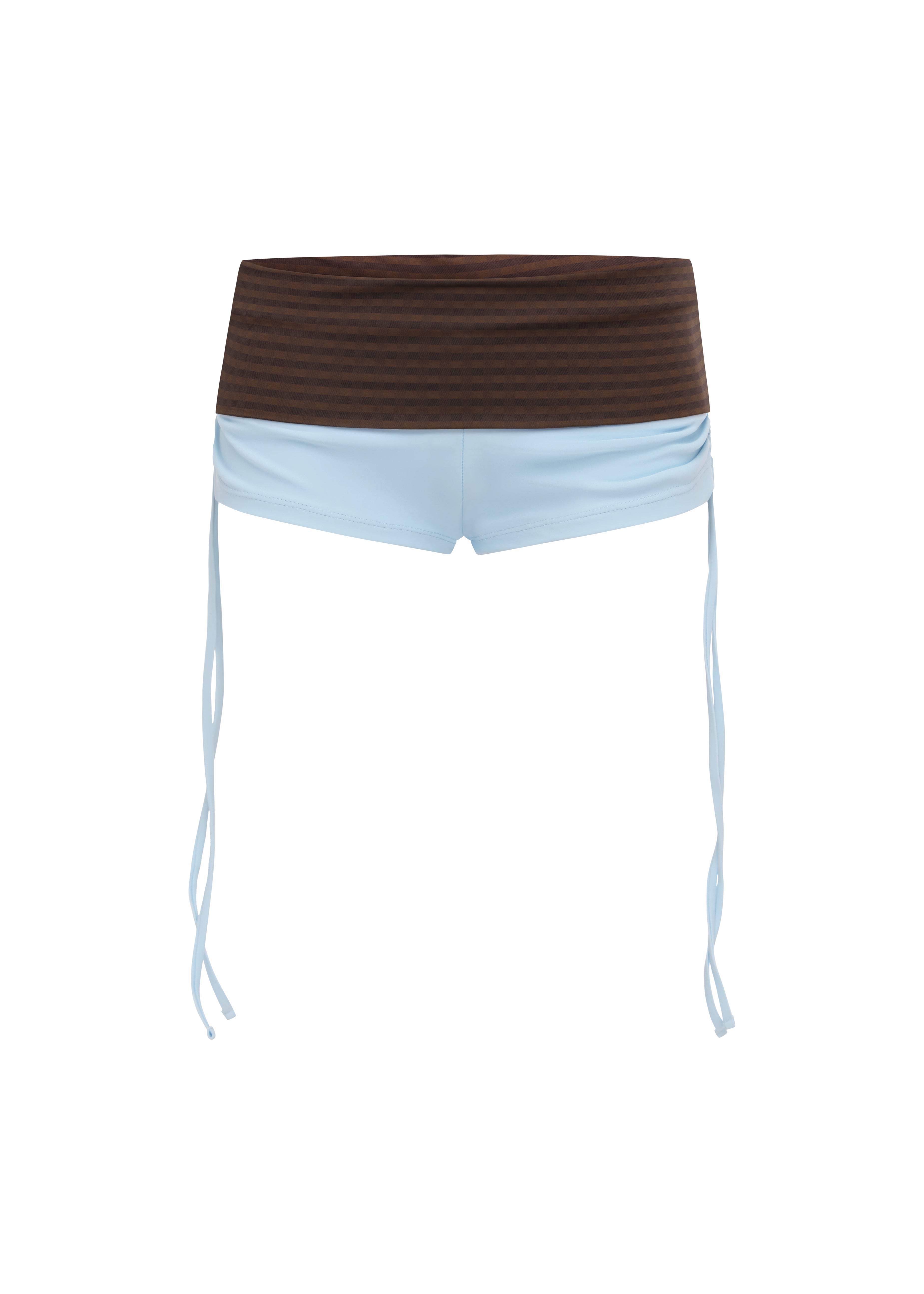 Blue bikini shorts with a brown gingham print waistband, featuring thin light blue side ties hanging down, shown against a plain white background.