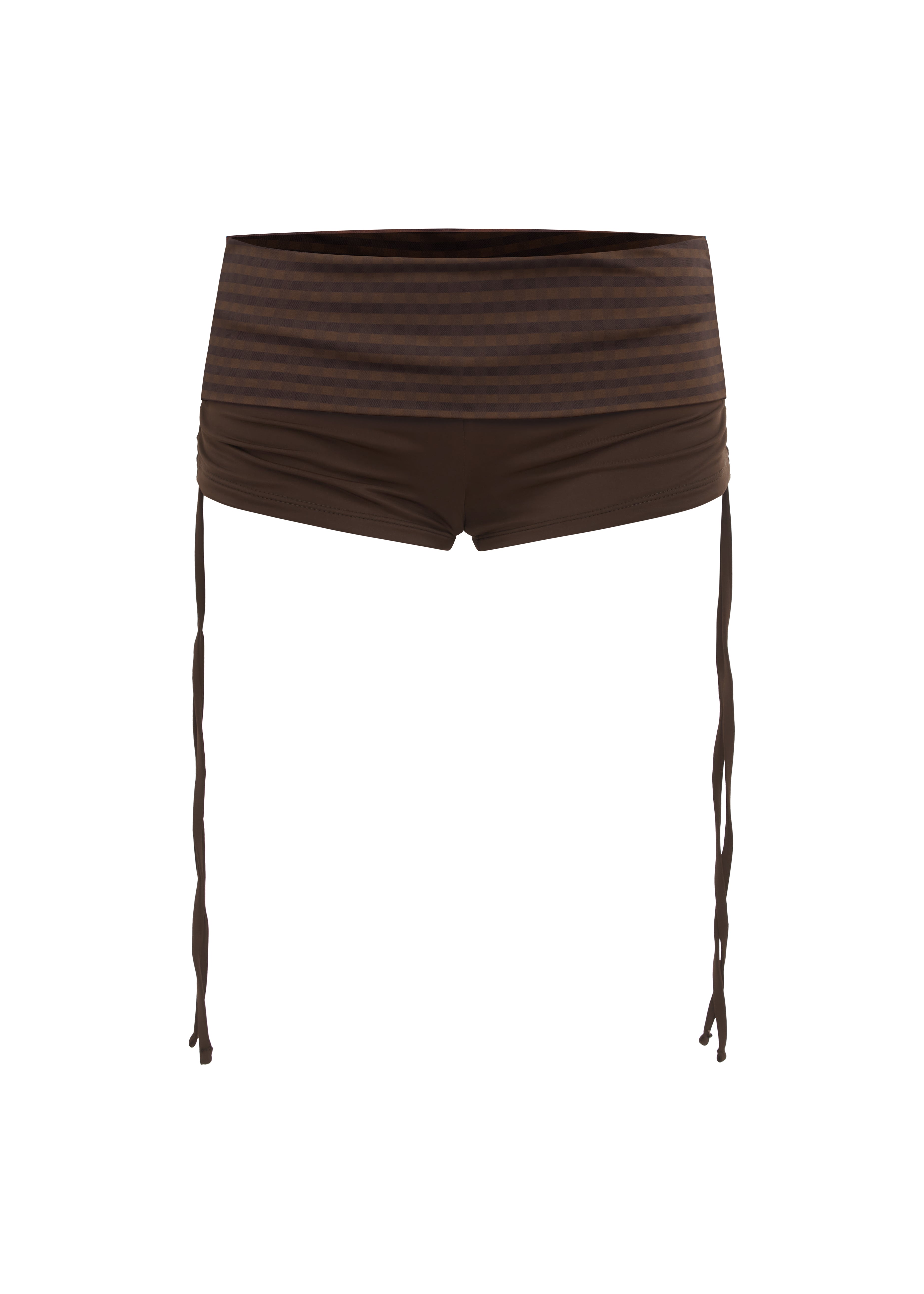 Brown bikini shorts with a brown gingham print waistband, featuring thin side ties hanging down, shown against a plain white background.