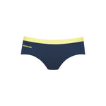 Low-rise bikini bottoms in navy with a yellow contrast waistband and a yellow logo, set on a white background.