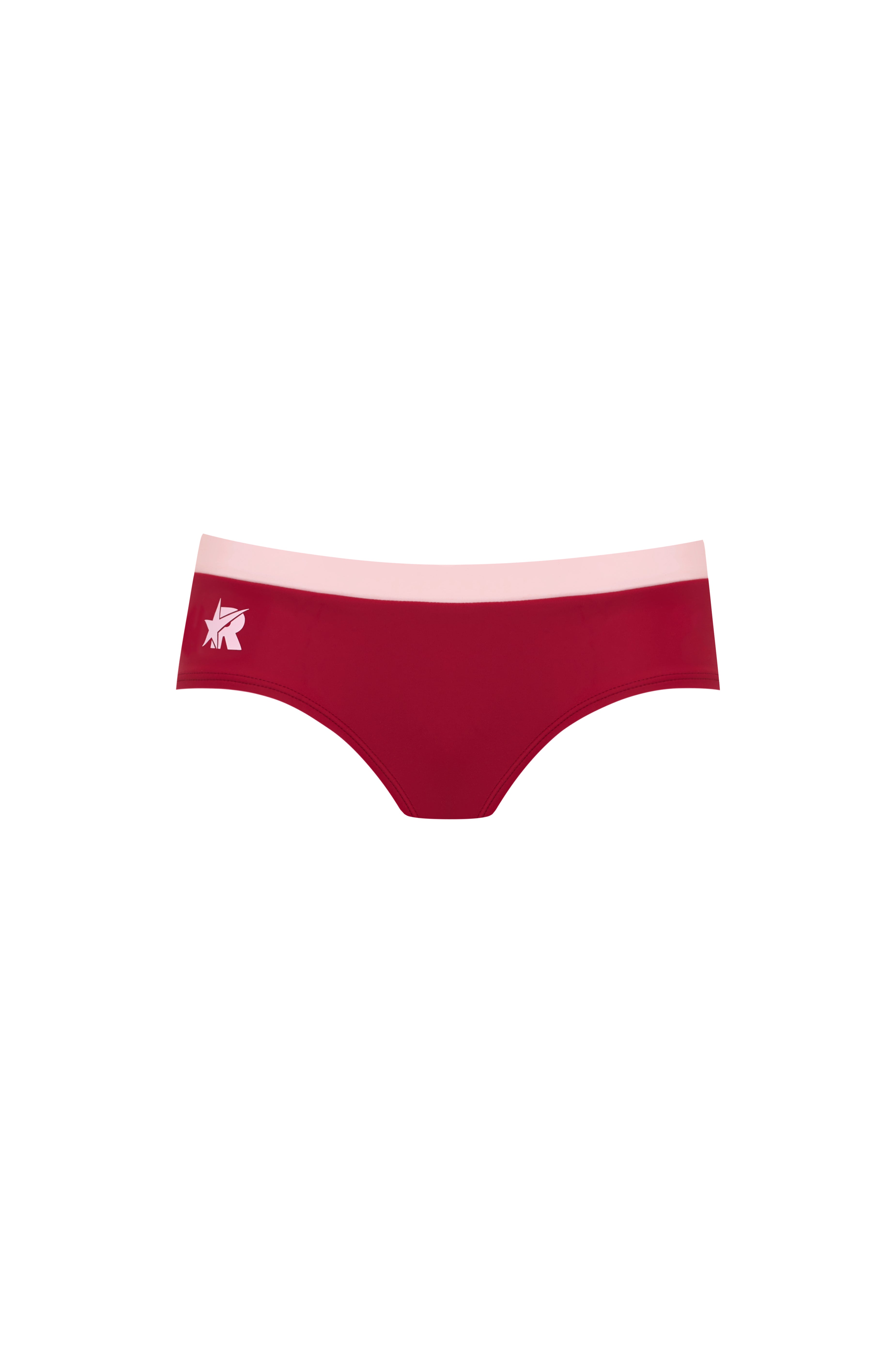 Low-rise bikini bottoms in cherry with a light pink waistband and a pink logo, set on a white background.