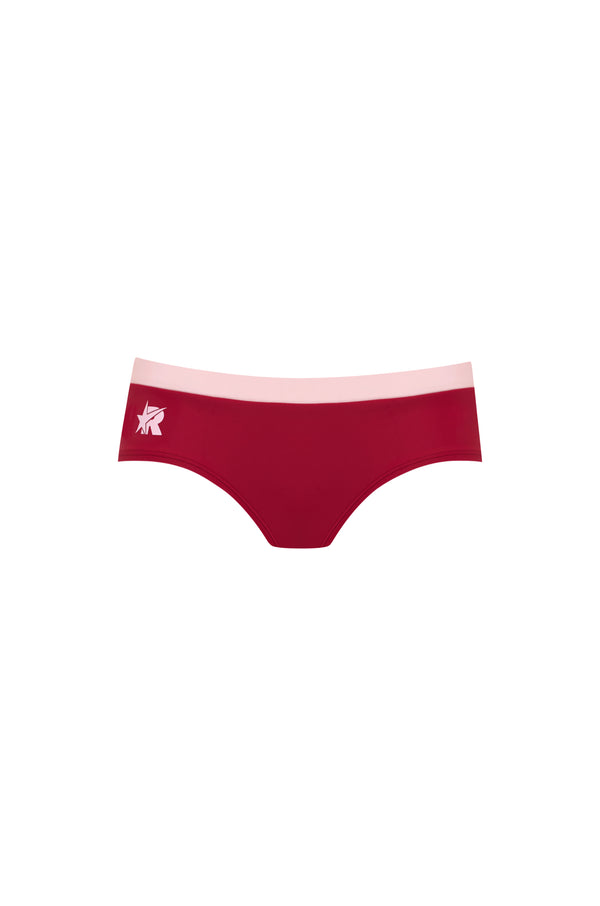 Low-rise bikini bottoms in cherry with a light pink waistband and a pink logo, set on a white background.