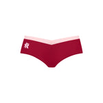 Low-rise bikini bottoms in cherry with a light pink waistband and a pink logo, set on a white background.