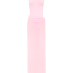 Pink swimsuit and maxi skirt on a white background.