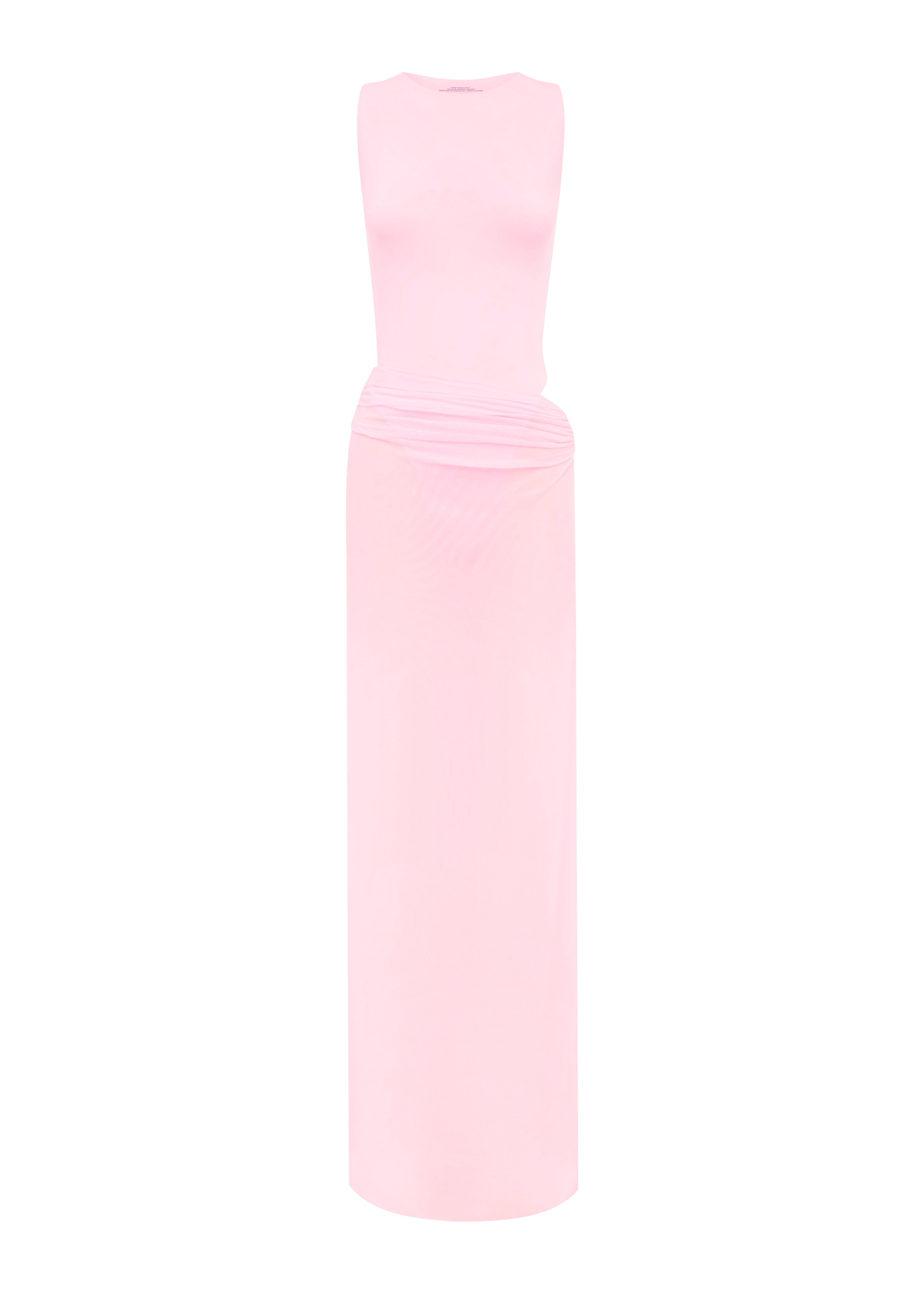 Pink swimsuit and maxi skirt on a white background.