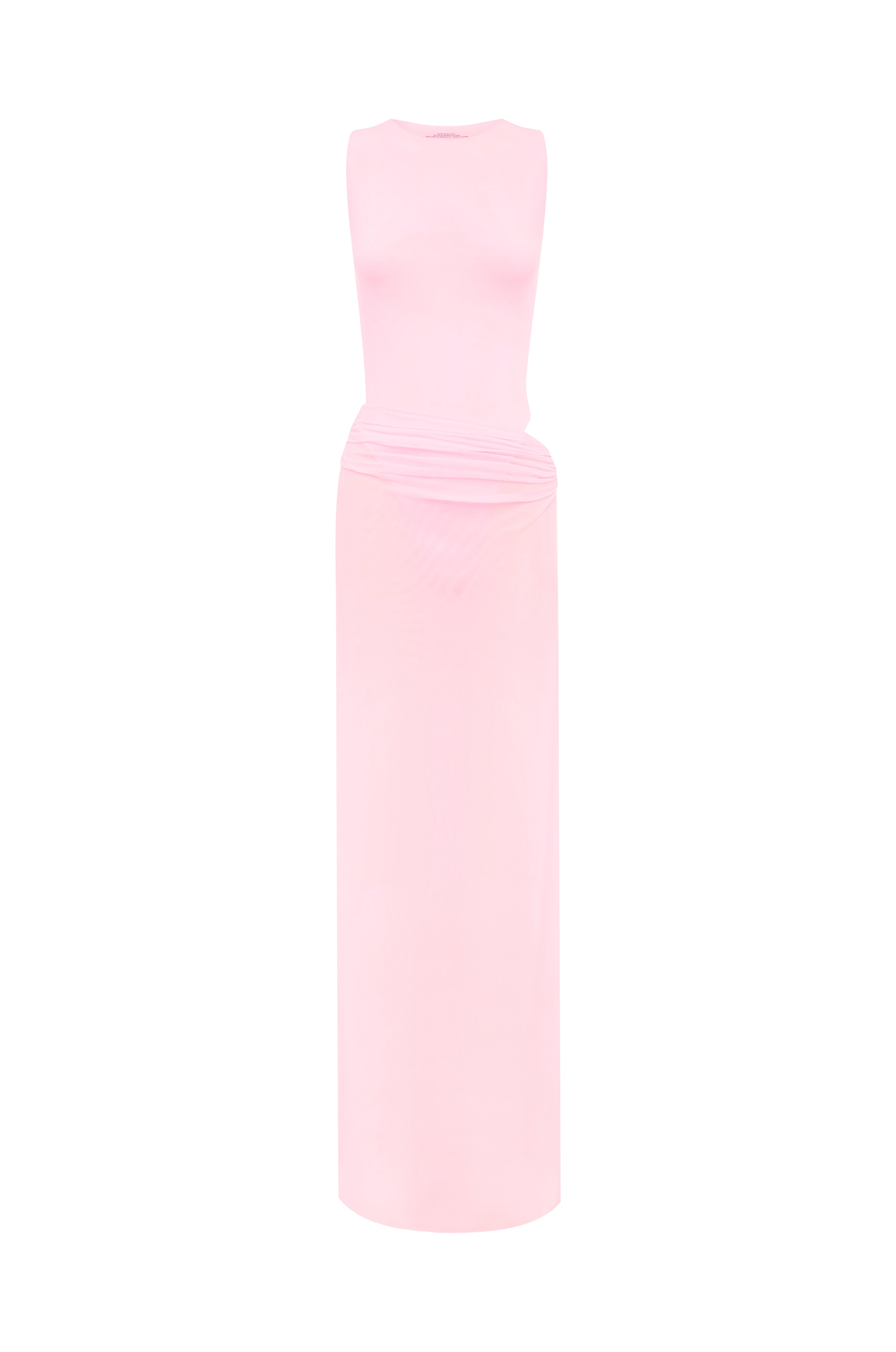 Pink swimsuit and maxi skirt on a white background.