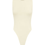 Ivory sleeveless bodysuit on a white background.