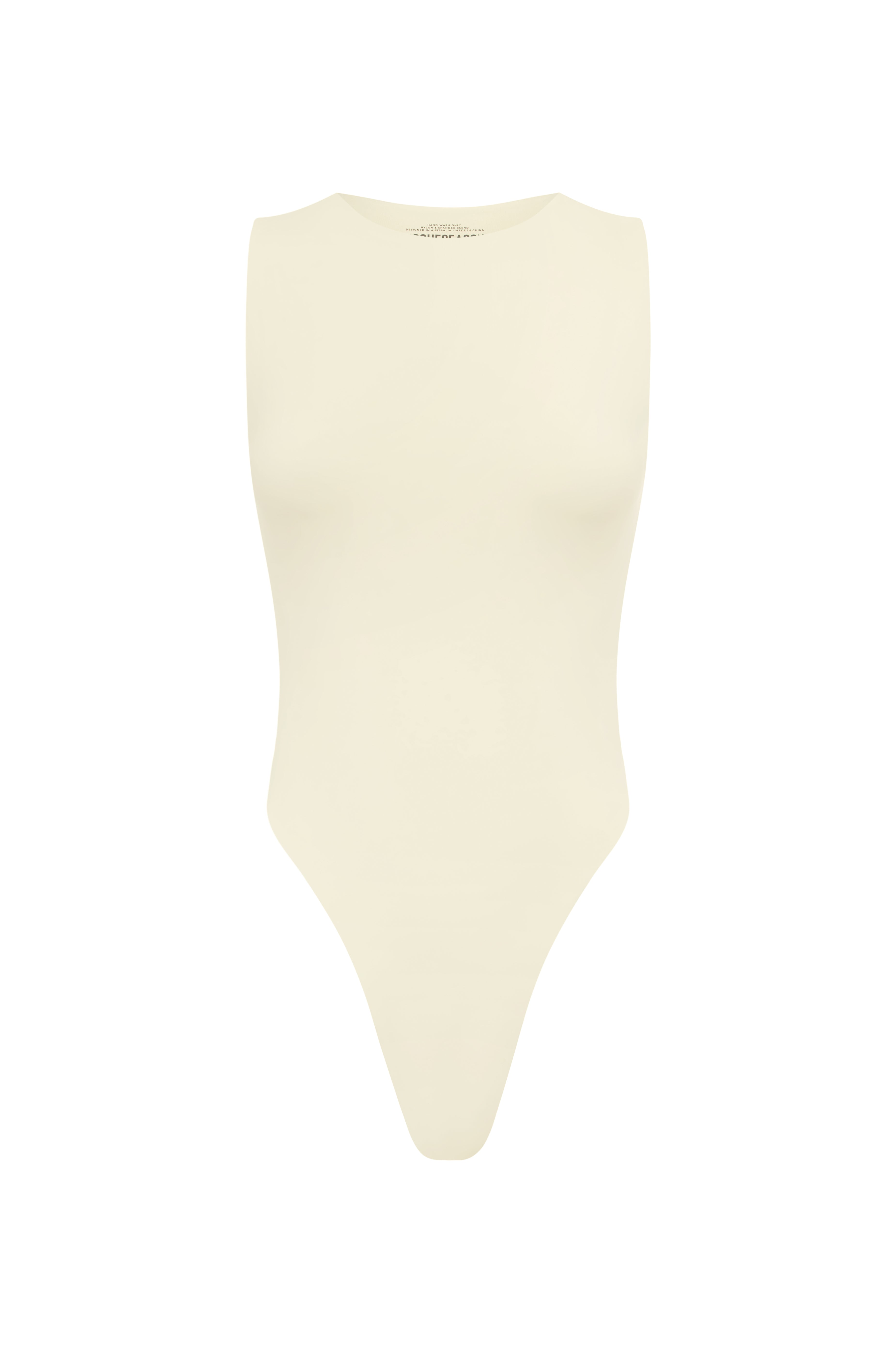 Ivory sleeveless bodysuit on a white background.