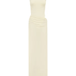 Ivory bodysuit with a matching sheer maxi skirt on a white background.