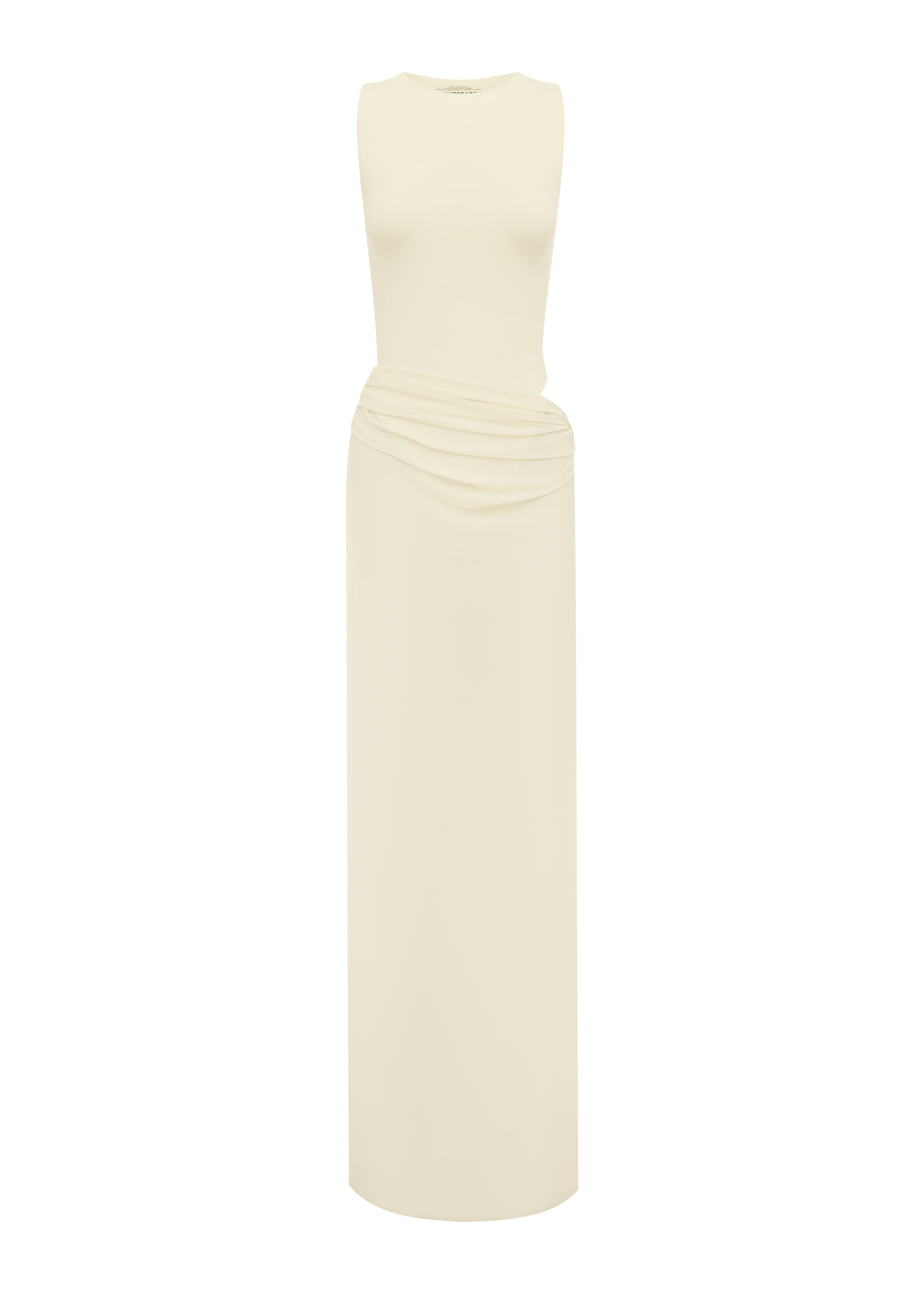 Ivory bodysuit with a matching sheer maxi skirt on a white background.