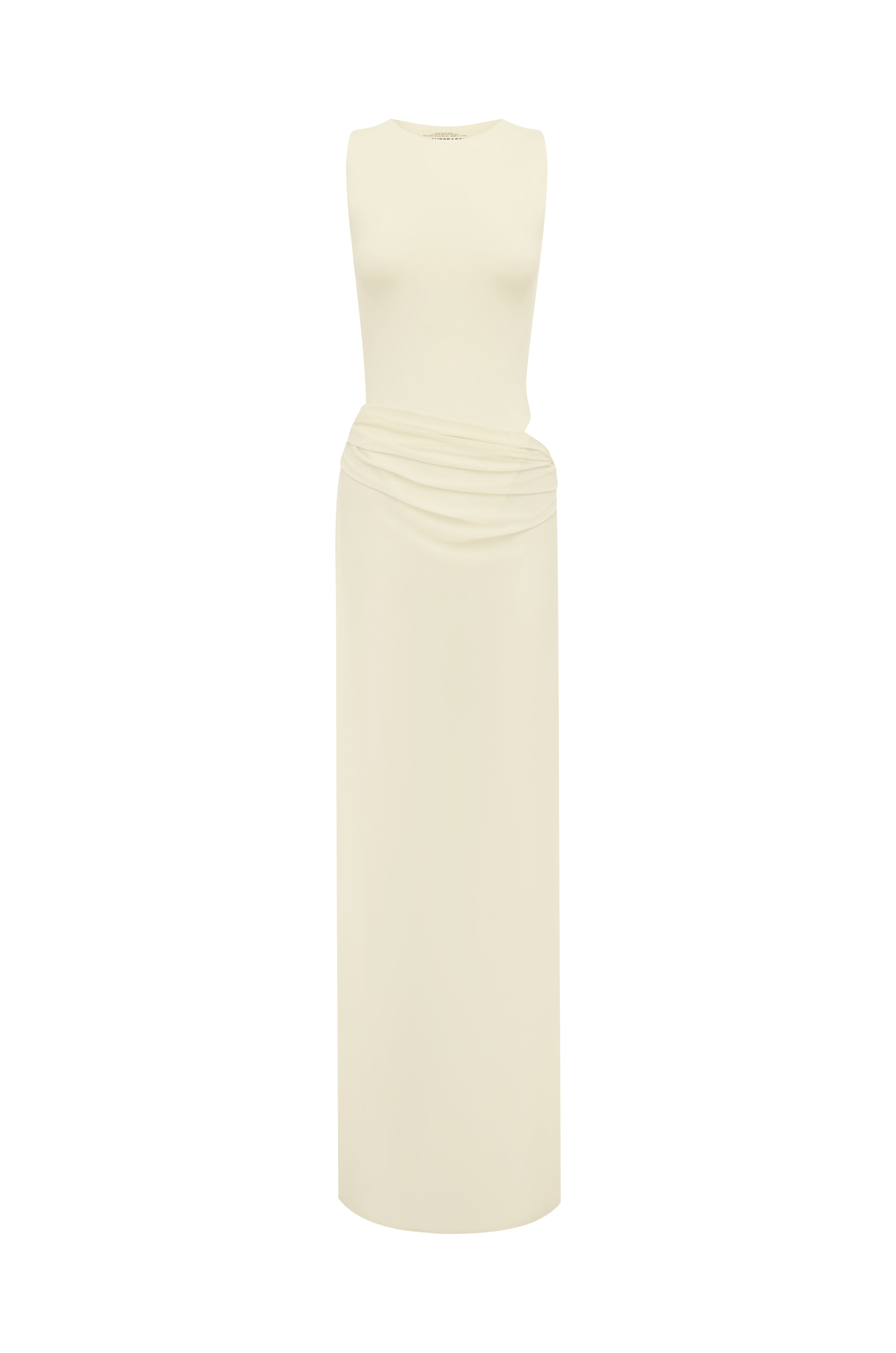 Ivory bodysuit with a matching sheer maxi skirt on a white background.
