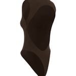 Back shot of dark brown cut out swimsuit on a white background.