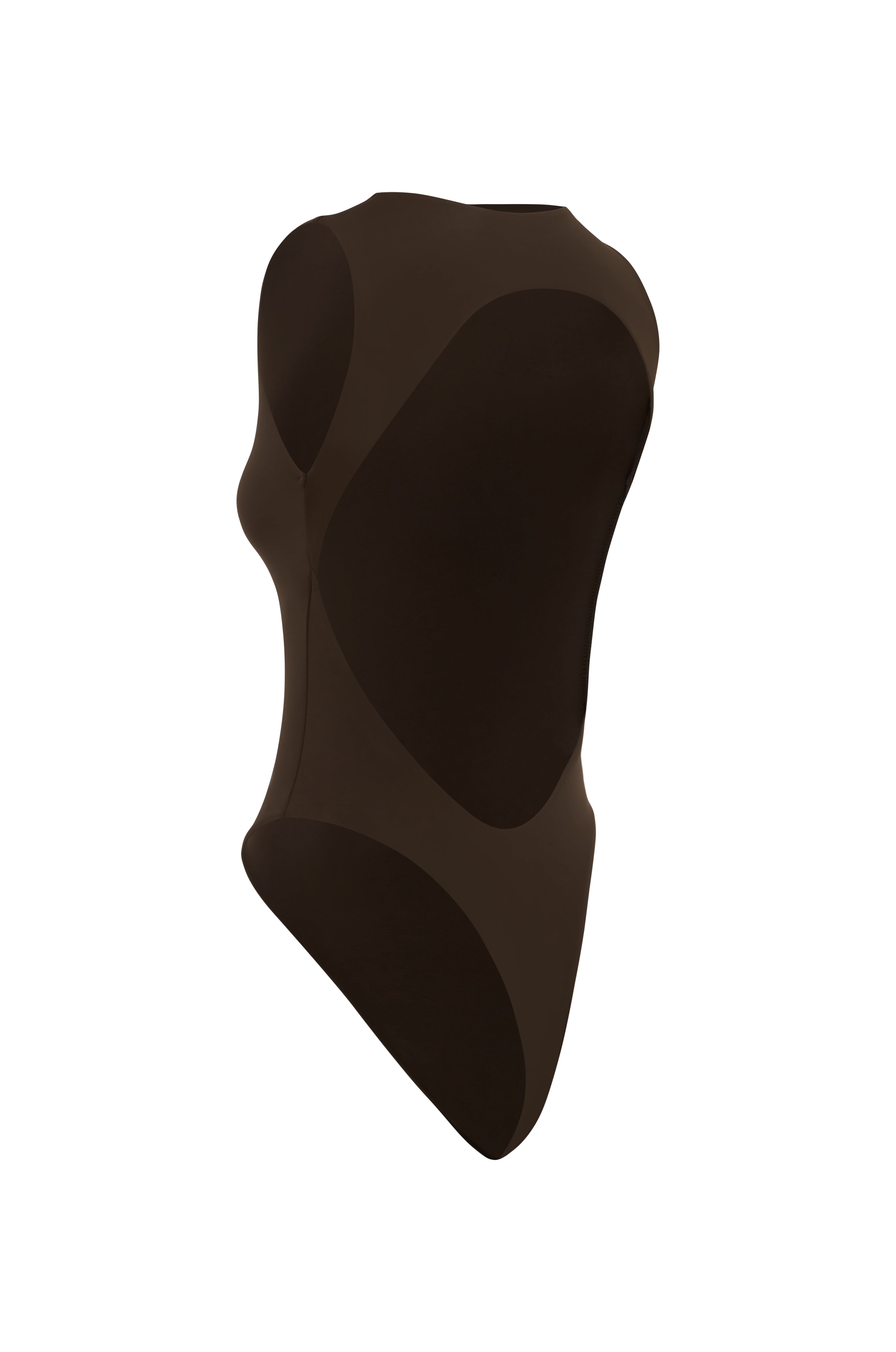 Back shot of dark brown cut out swimsuit on a white background.