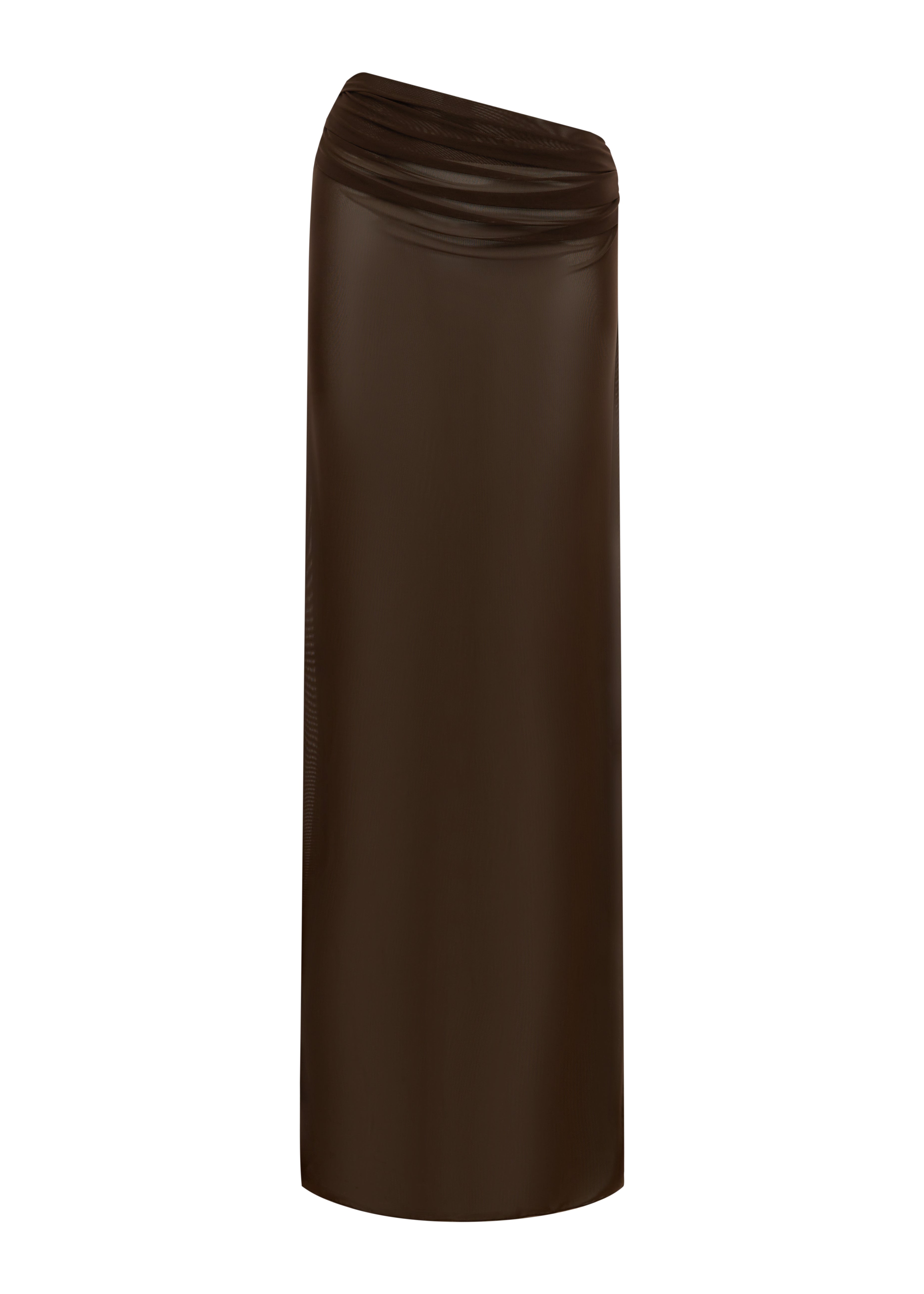 Dark brown sheer maxi skirt on a white background.