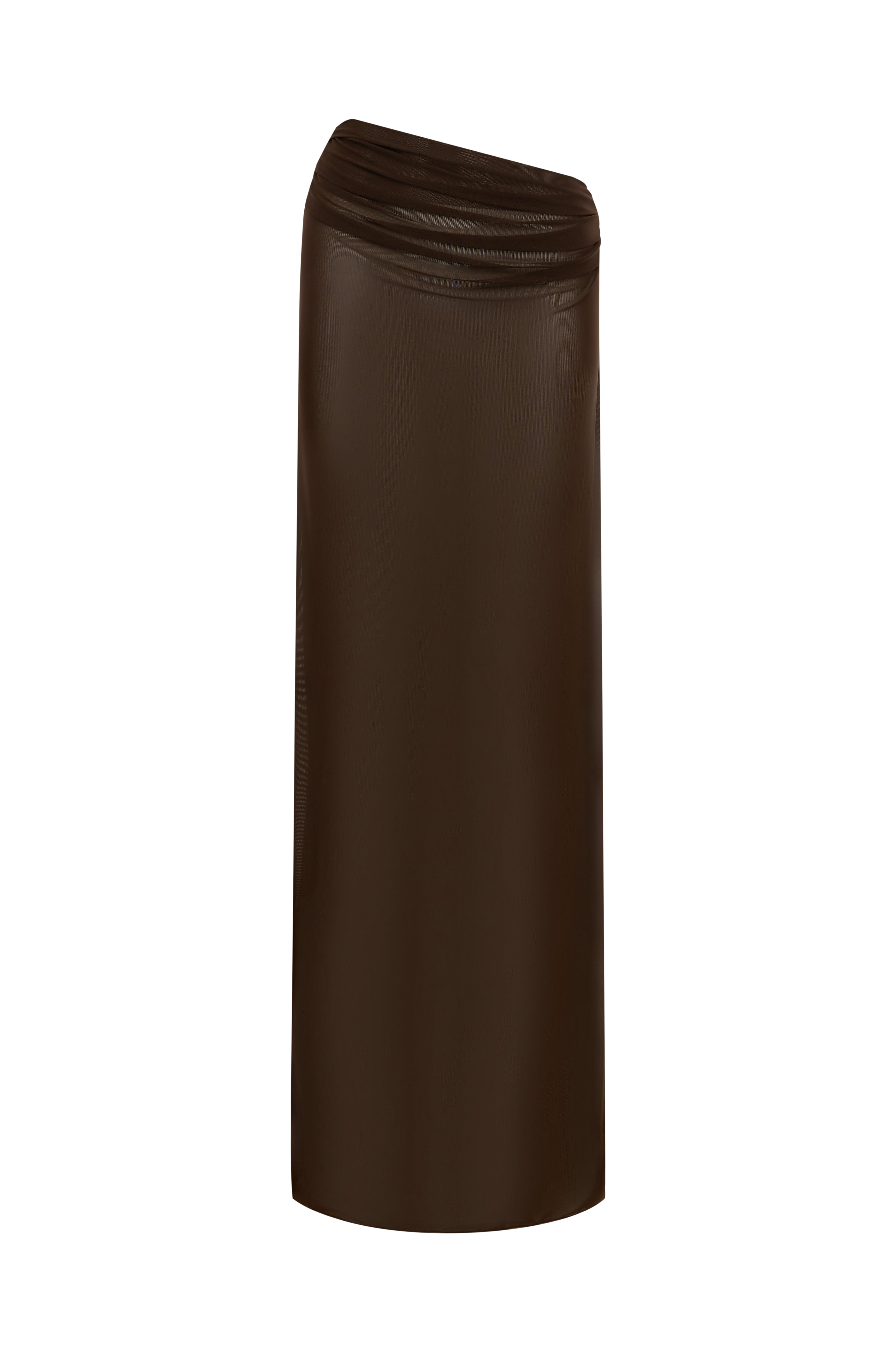 Dark brown sheer maxi skirt on a white background.