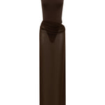 Dark brown bodysuit with a matching sheer maxi skirt with a fitted silhouette, on a white background.