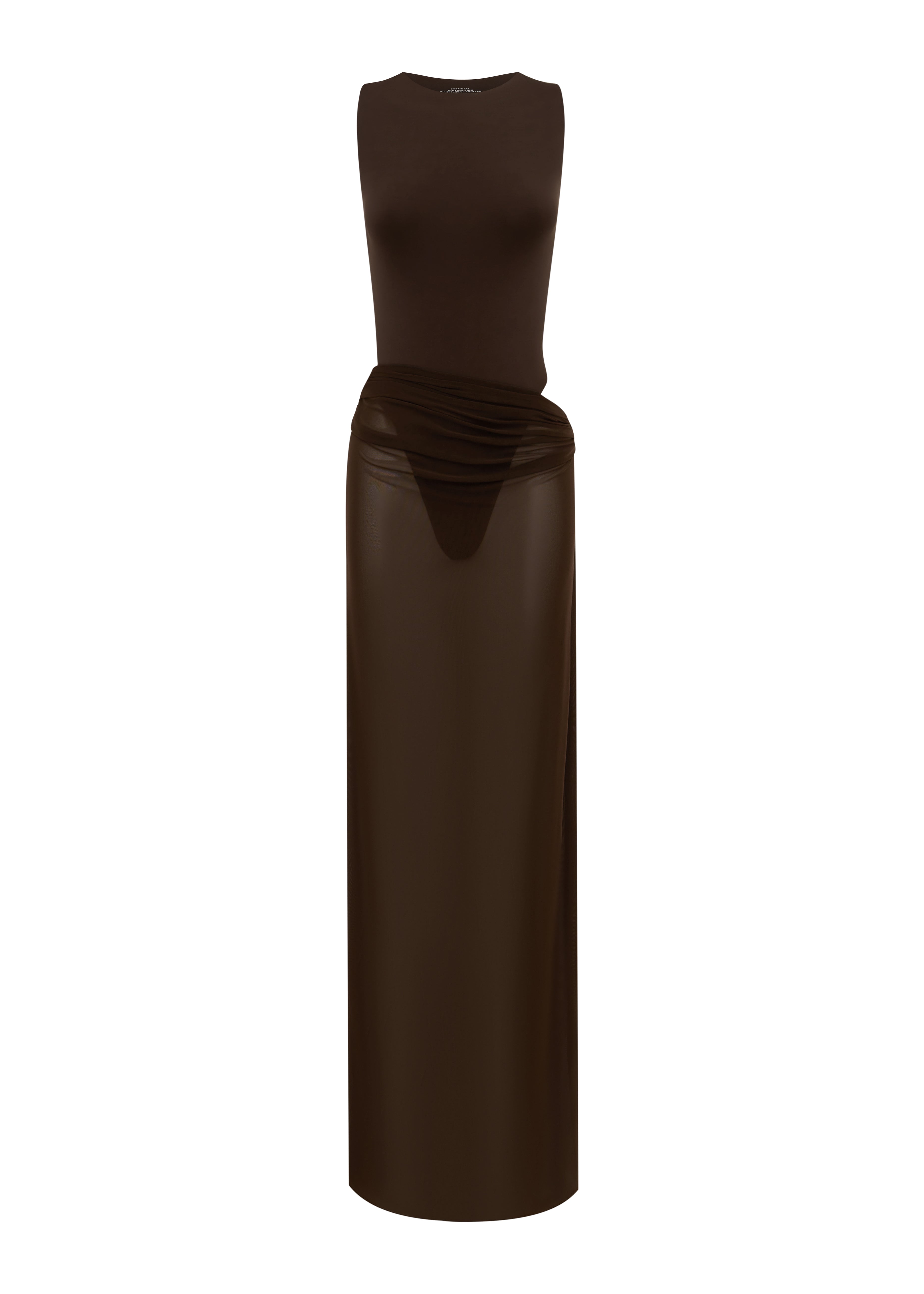 Dark brown bodysuit with a matching sheer maxi skirt with a fitted silhouette, on a white background.