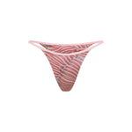 Pink, coral and teal abstract print bikini bottoms with a high-cut Brazilian thong silhouette and pale pink trim detail.