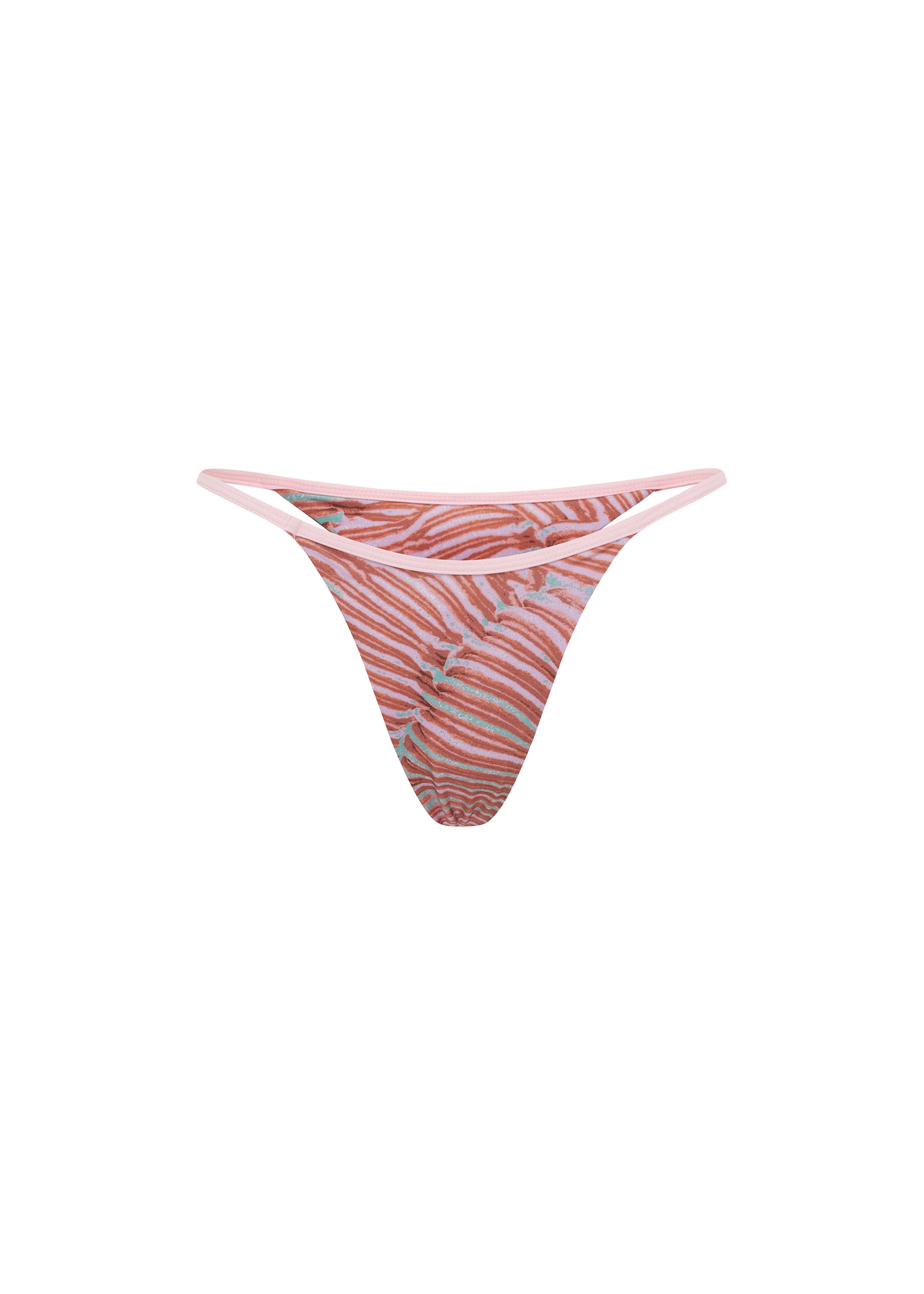 Pink, coral and teal abstract print bikini bottoms with a high-cut Brazilian thong silhouette and pale pink trim detail.