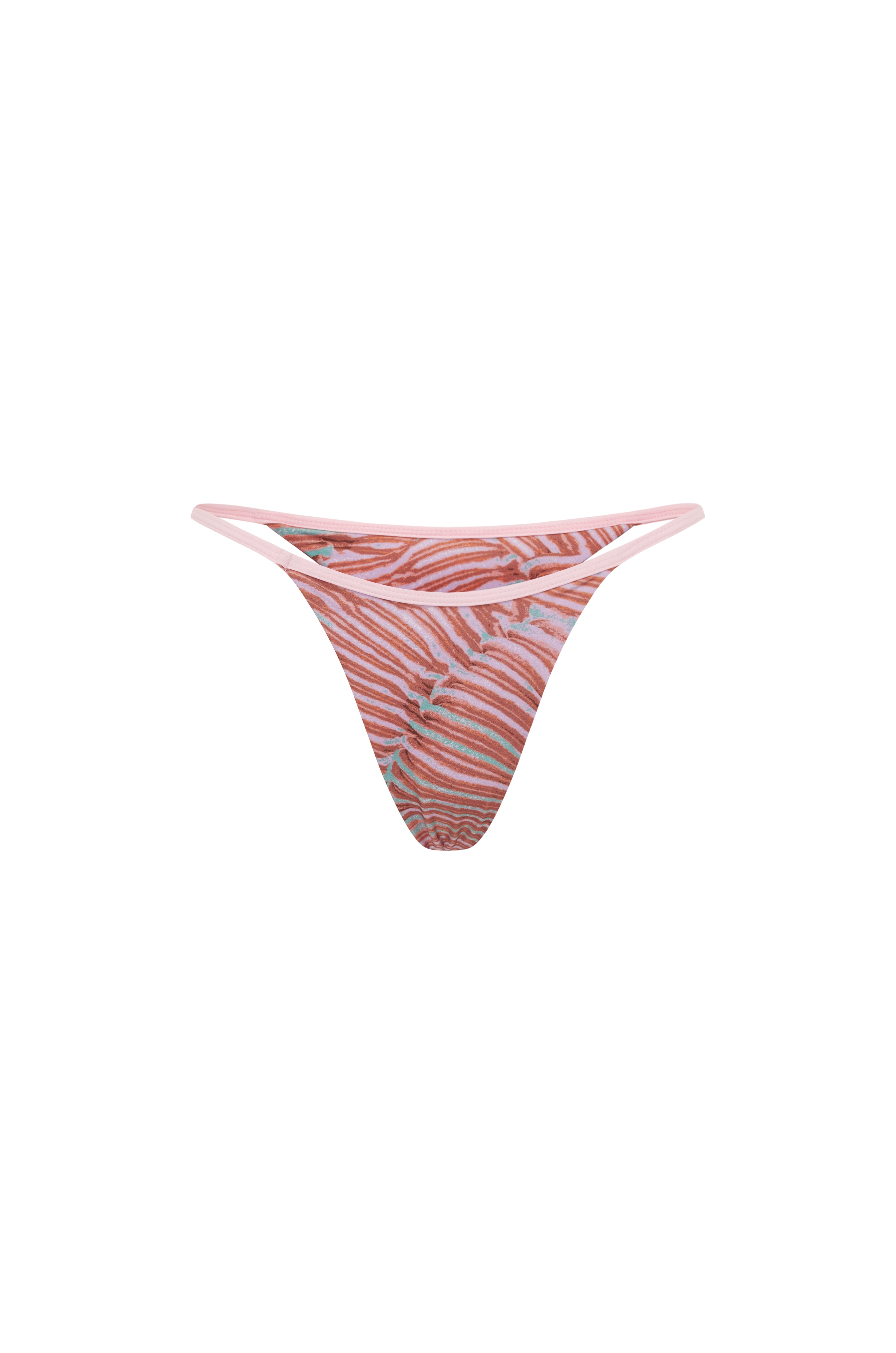 Pink, coral and teal abstract print bikini bottoms with a high-cut Brazilian thong silhouette and pale pink trim detail.
