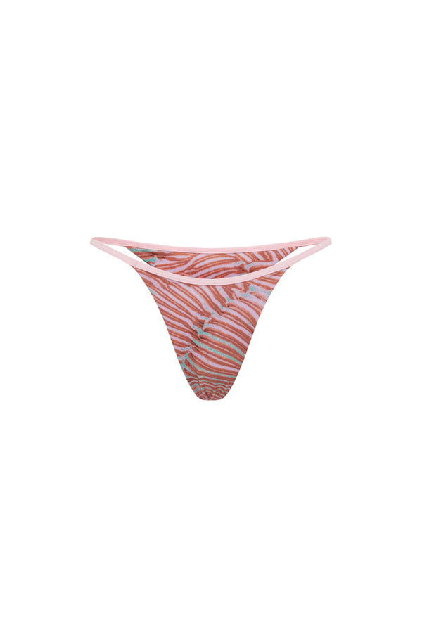 Pink, coral and teal abstract print bikini bottoms with a high-cut Brazilian thong silhouette and pale pink trim detail.