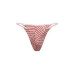 Pink, coral and teal abstract print bikini bottoms with a high-cut Brazilian thong silhouette and pale pink trim detail.