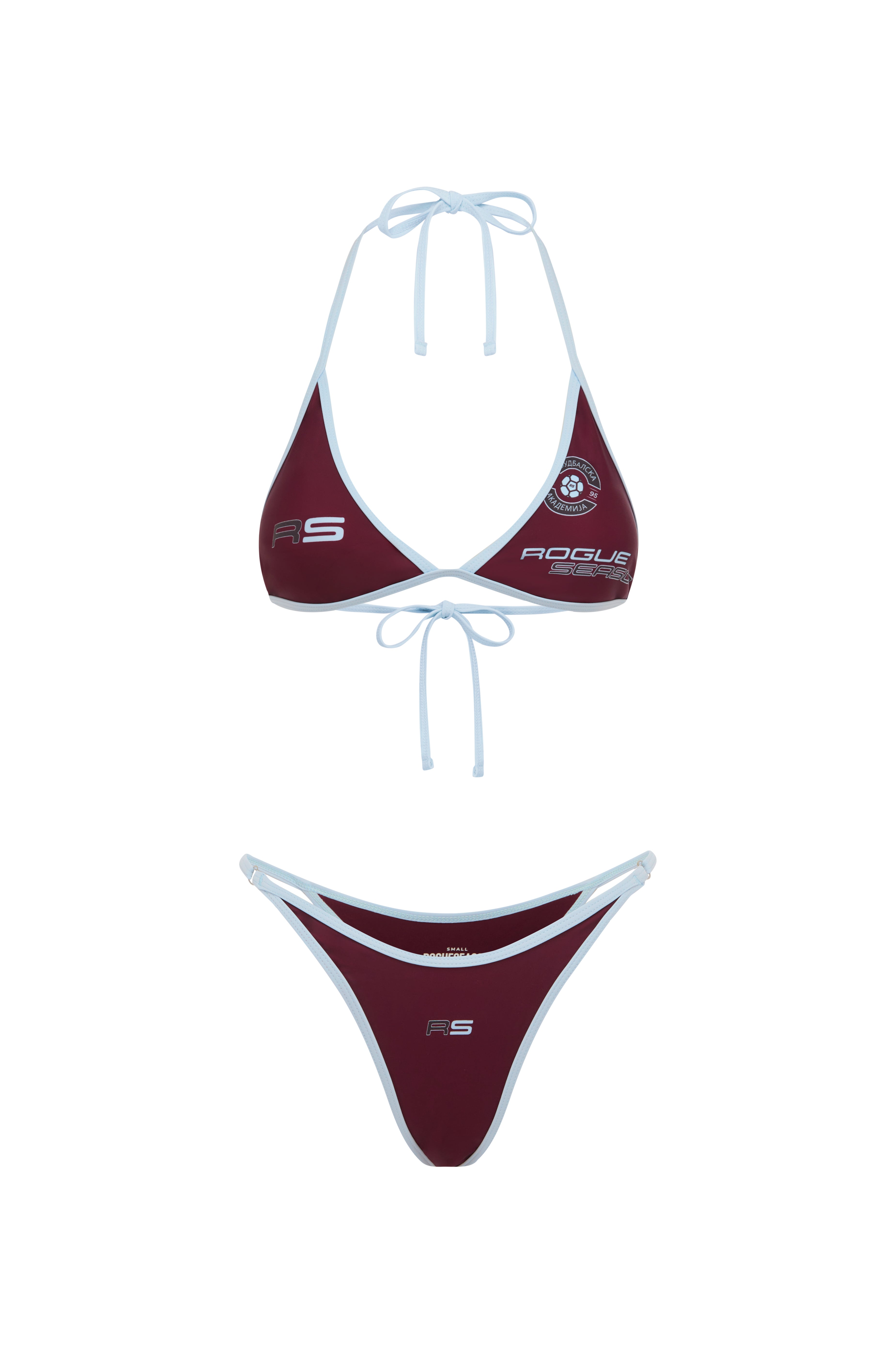 A two-piece bikini set featuring a burgundy triangle top and matching bottom with baby blue trim. The top has s printed logo, including 'ROQUE SEASON' and a crest, while the bottom features a small 'RS' logo.