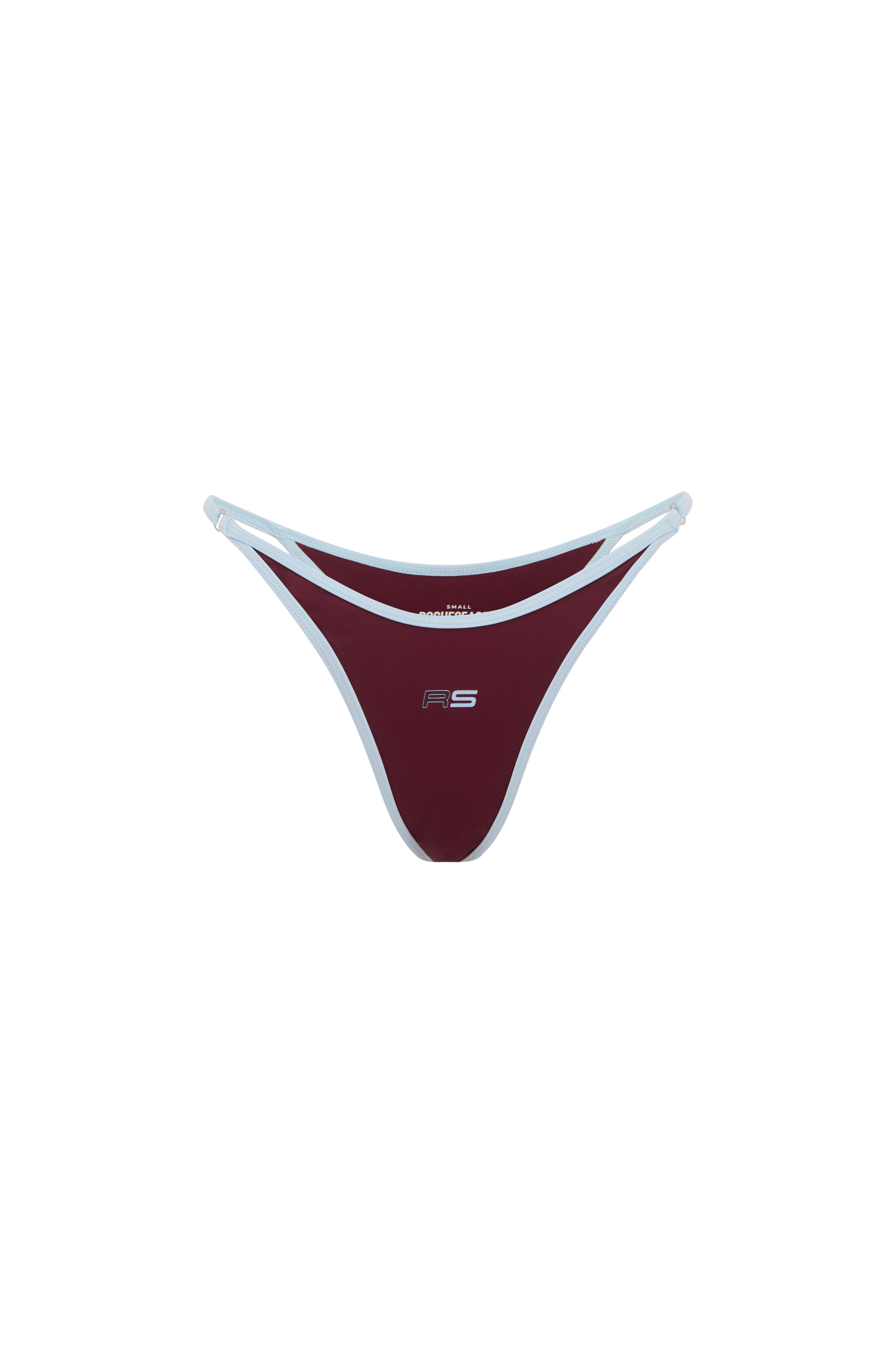 Women's swim bottoms in burgundy with a baby blue trim, featuring a small logo on the front, displayed against a solid white background.