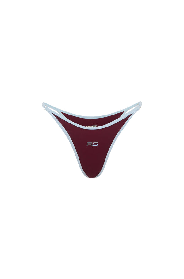 Women's swim bottoms in burgundy with a baby blue trim, featuring a small logo on the front, displayed against a solid white background.
