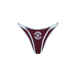 Women's swim bottoms in burgundy with a baby blue trim, featuring a logo on the back, displayed against a solid white background.