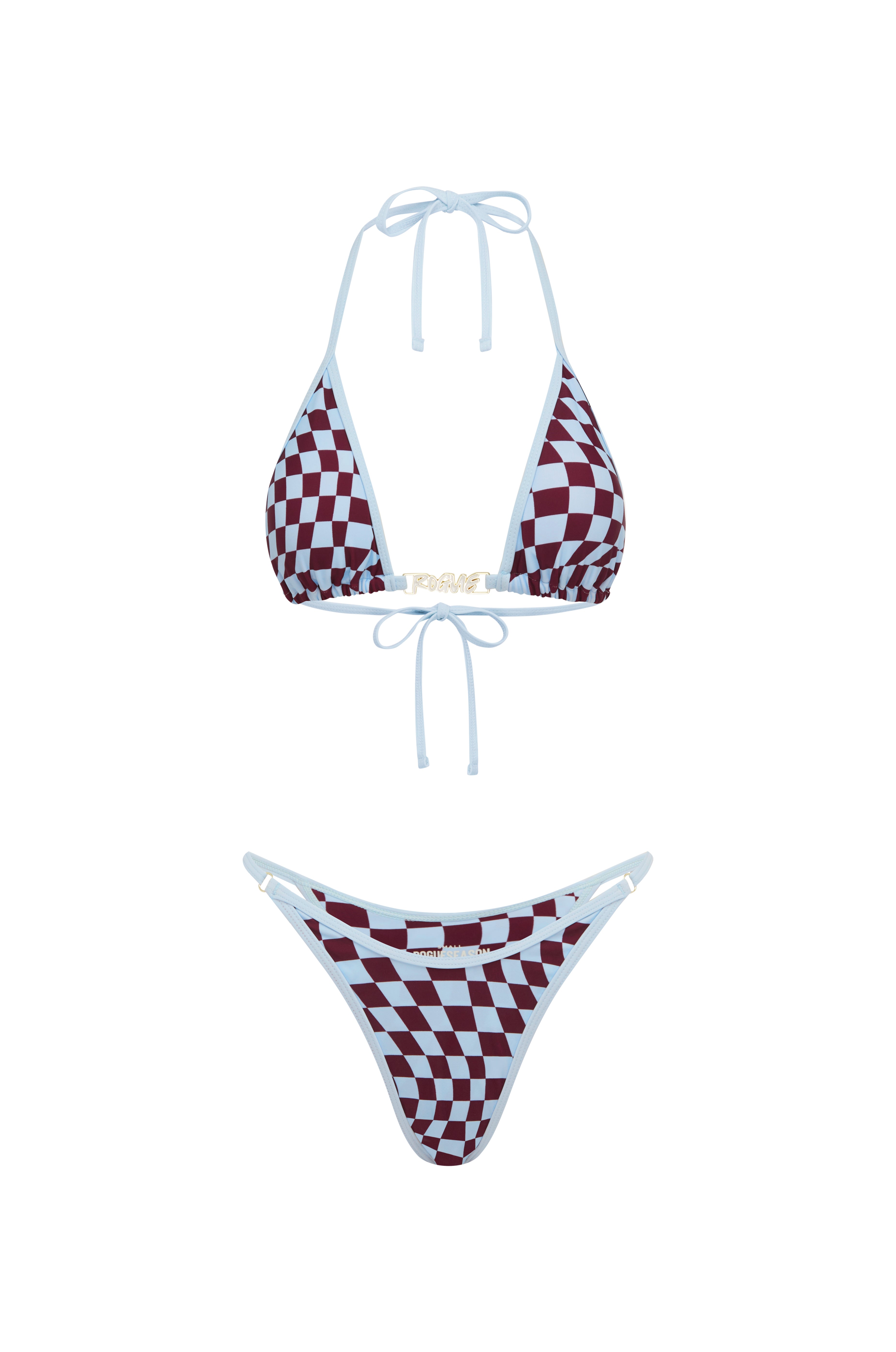 A two-piece bikini set featuring a burgundy and baby blue checkerboard pattern with baby blue trim and tie straps, displayed against a solid white background.