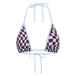A triangle bikini top with a burgundy and baby blue checkerboard pattern, featuring a small 'Rogue Season' gold logo on the center band, shown against a plain white background.