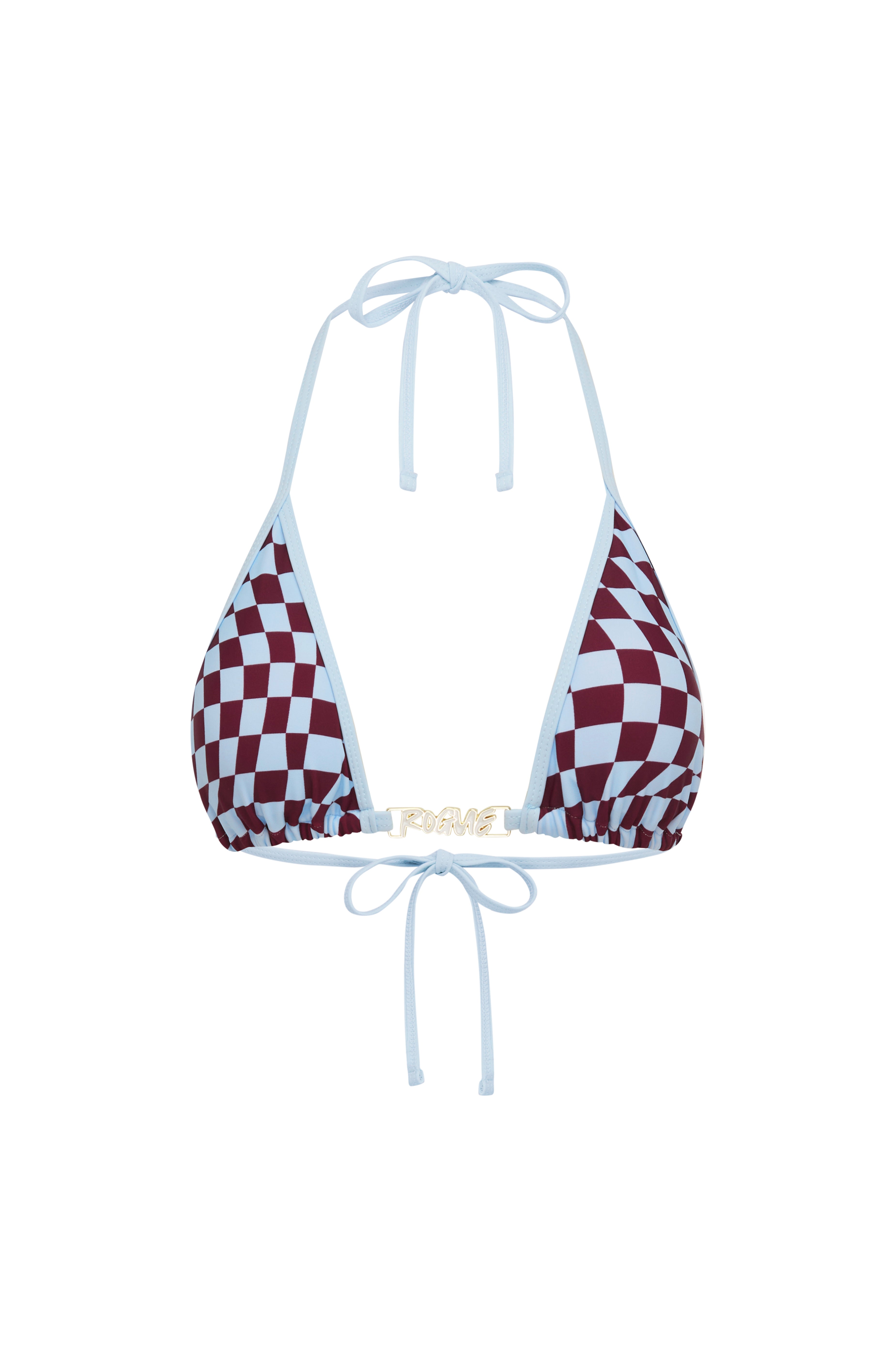 A triangle bikini top with a burgundy and baby blue checkerboard pattern, featuring a small 'Rogue Season' gold logo on the center band, shown against a plain white background.