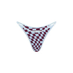 A bikini bottom featuring a burgundy and baby blue checkerboard pattern with baby blue trim, displayed against a solid white background.