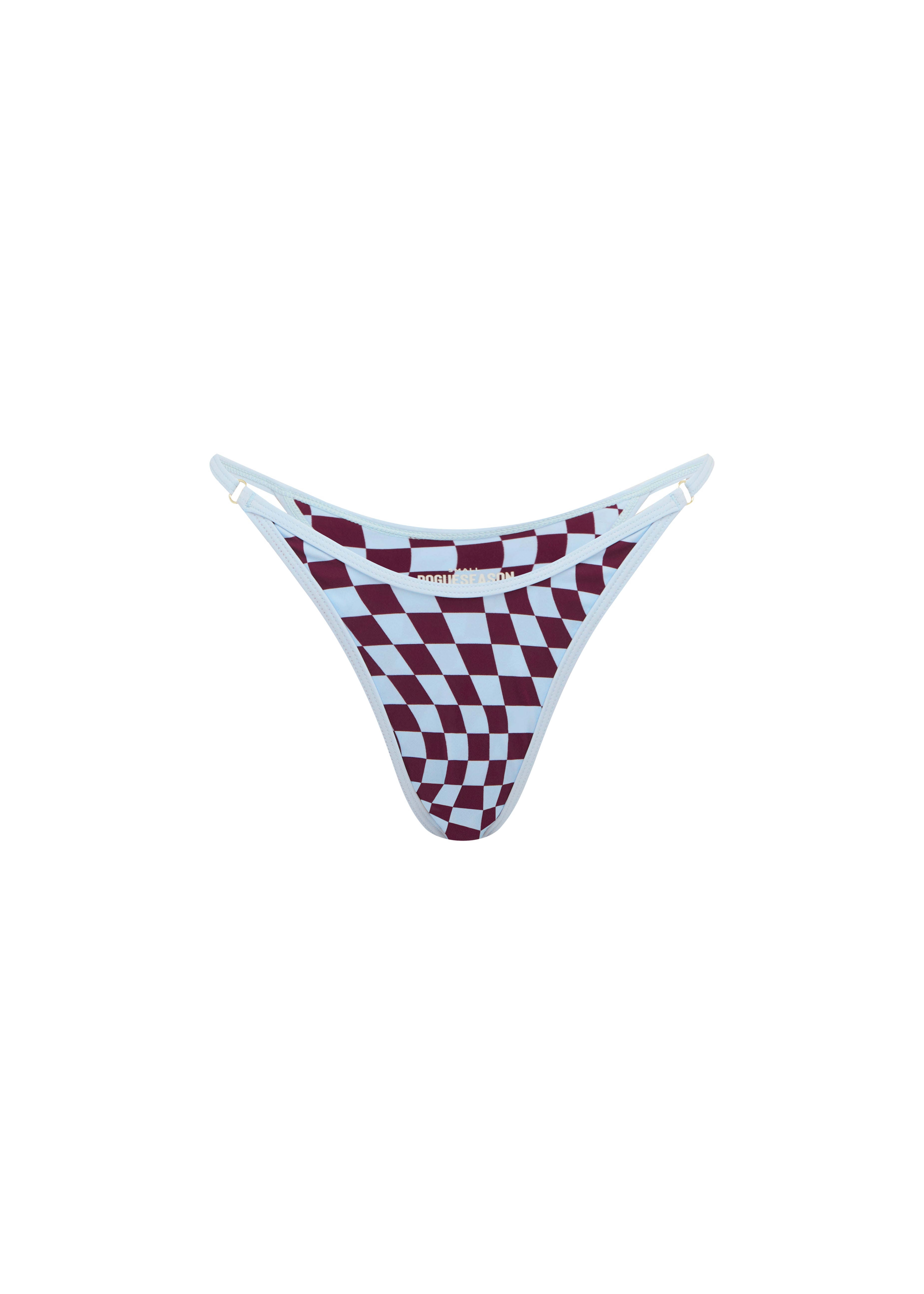 A bikini bottom featuring a burgundy and baby blue checkerboard pattern with baby blue trim, displayed against a solid white background.