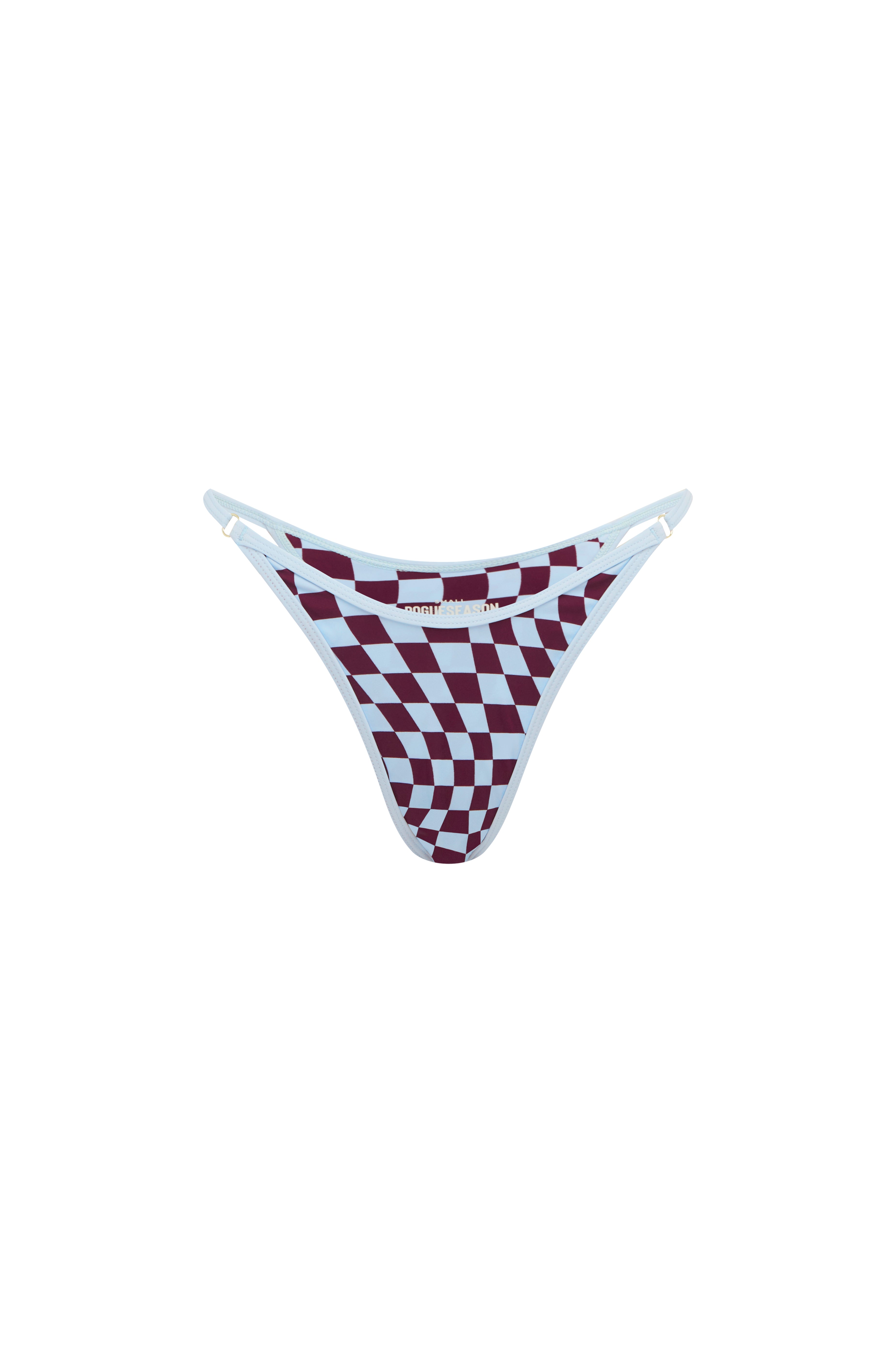 A bikini bottom featuring a burgundy and baby blue checkerboard pattern with baby blue trim, displayed against a solid white background.