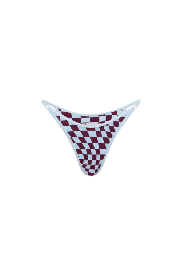 A bikini bottom featuring a burgundy and baby blue checkerboard pattern with baby blue trim, displayed against a solid white background.