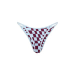 A bikini bottom featuring a burgundy and baby blue checkerboard pattern with baby blue trim, displayed against a solid white background.
