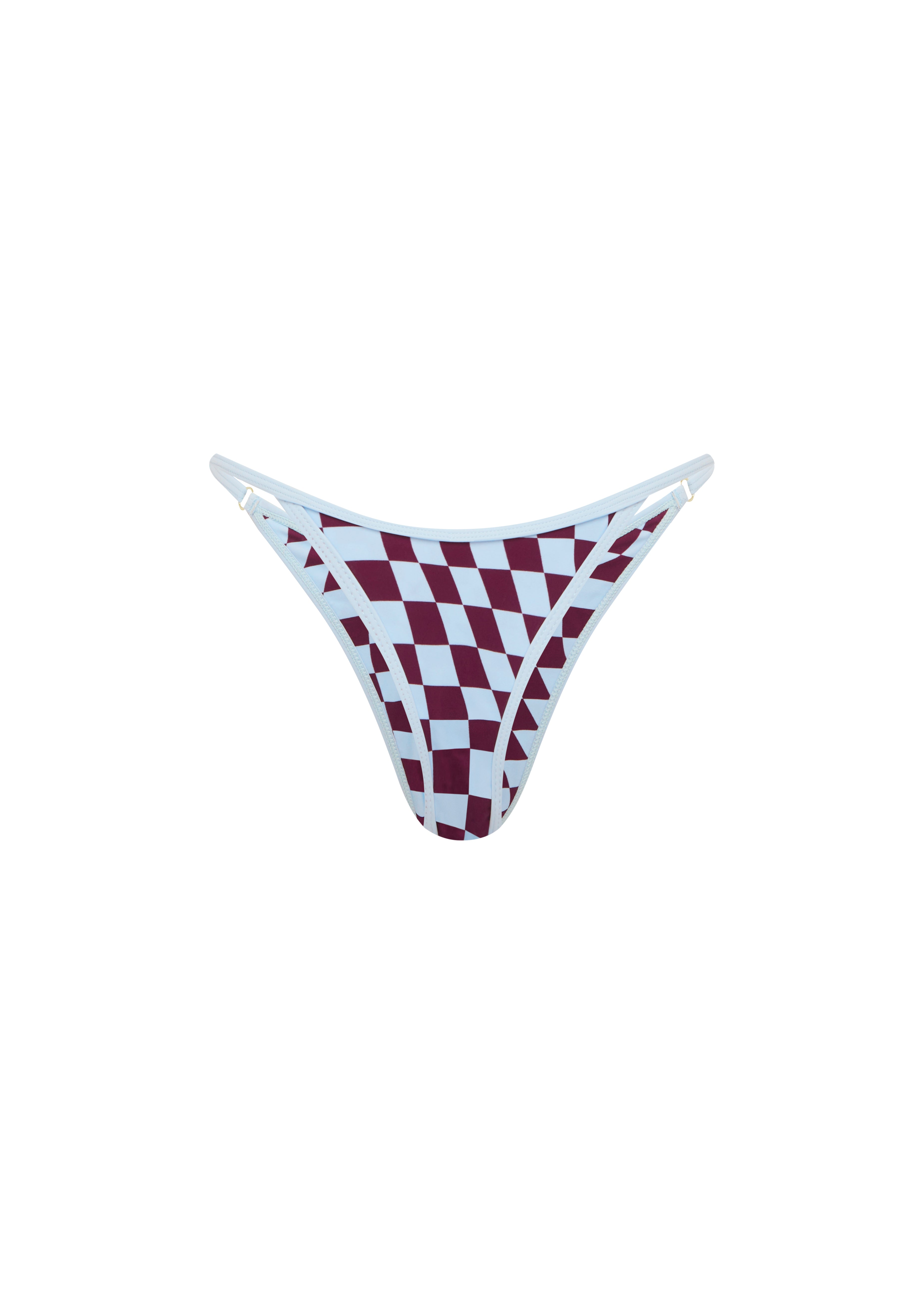 A bikini bottom featuring a burgundy and baby blue checkerboard pattern with baby blue trim, displayed against a solid white background.