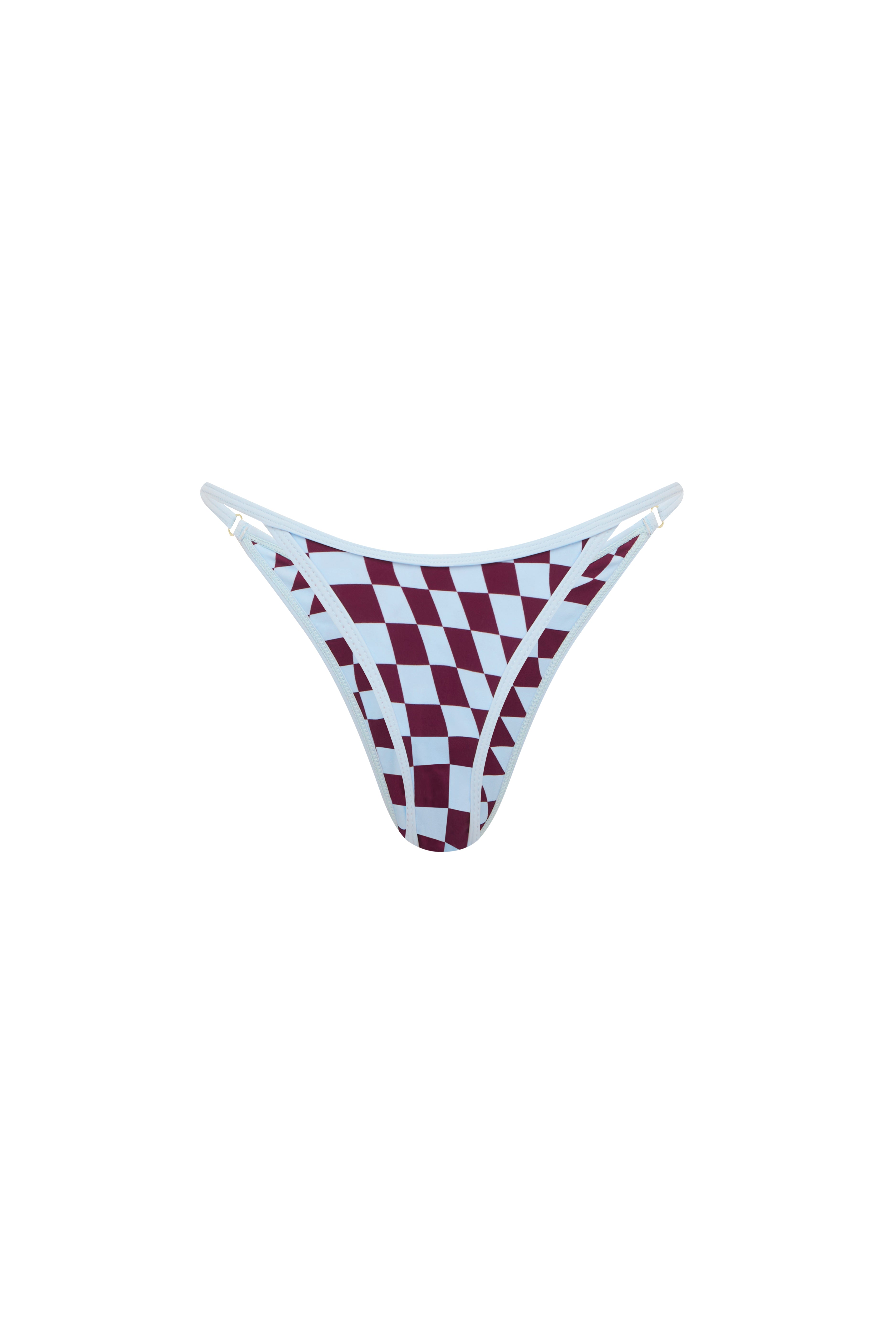 A bikini bottom featuring a burgundy and baby blue checkerboard pattern with baby blue trim, displayed against a solid white background.