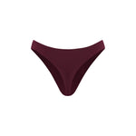 High rise bikini bottoms in a deep burgundy colour, presented on a solid white background.