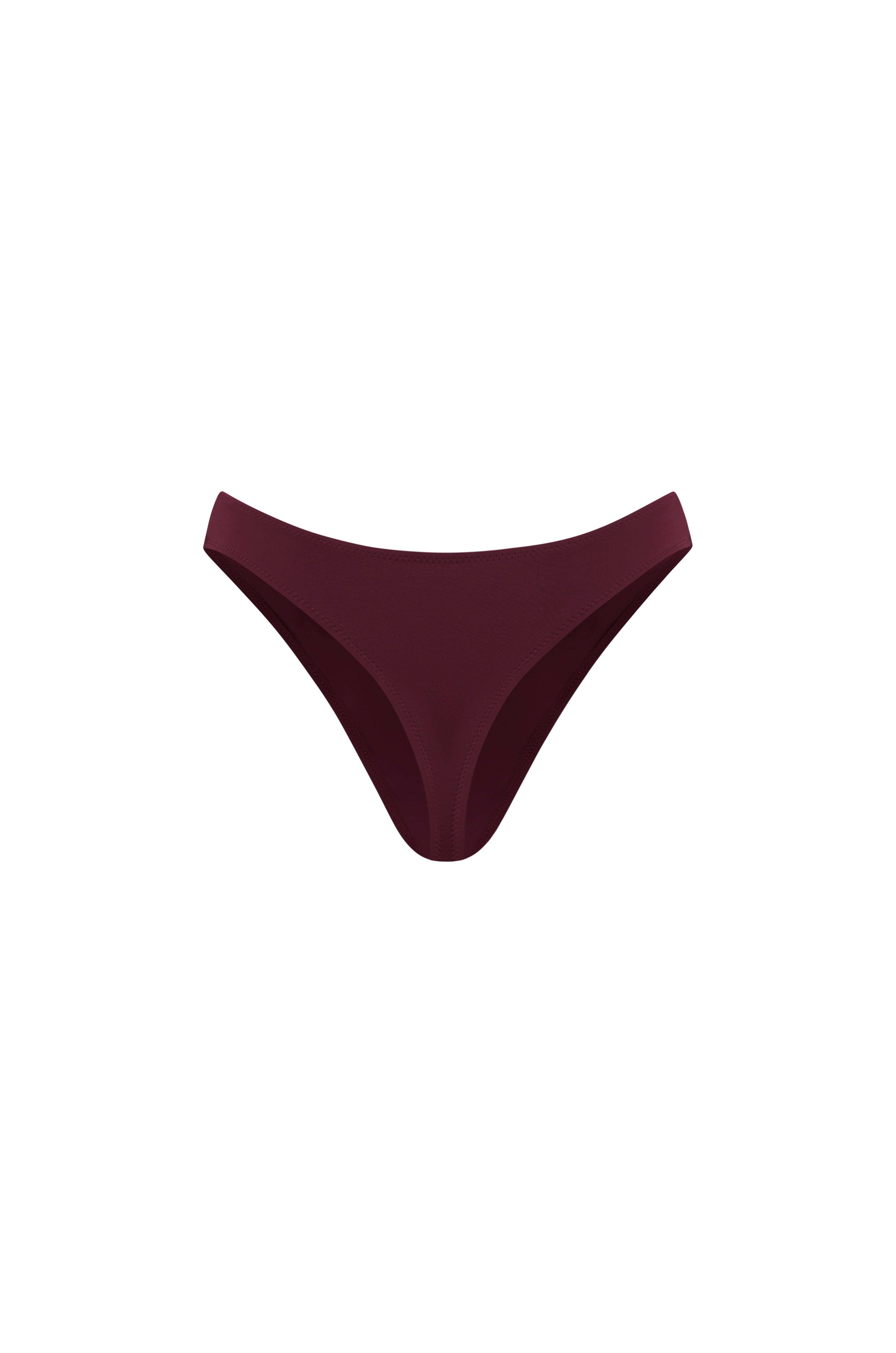 High rise bikini bottoms in a deep burgundy colour, presented on a solid white background.