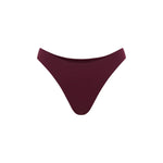 High rise bikini bottoms in a deep burgundy colour, presented on a solid white background.